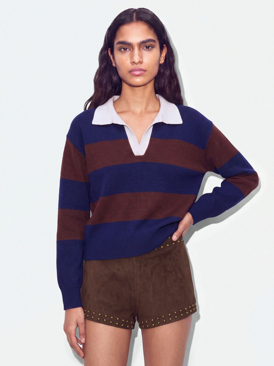 Blue striped viscose-blend polo-collar top, regular fit_0
