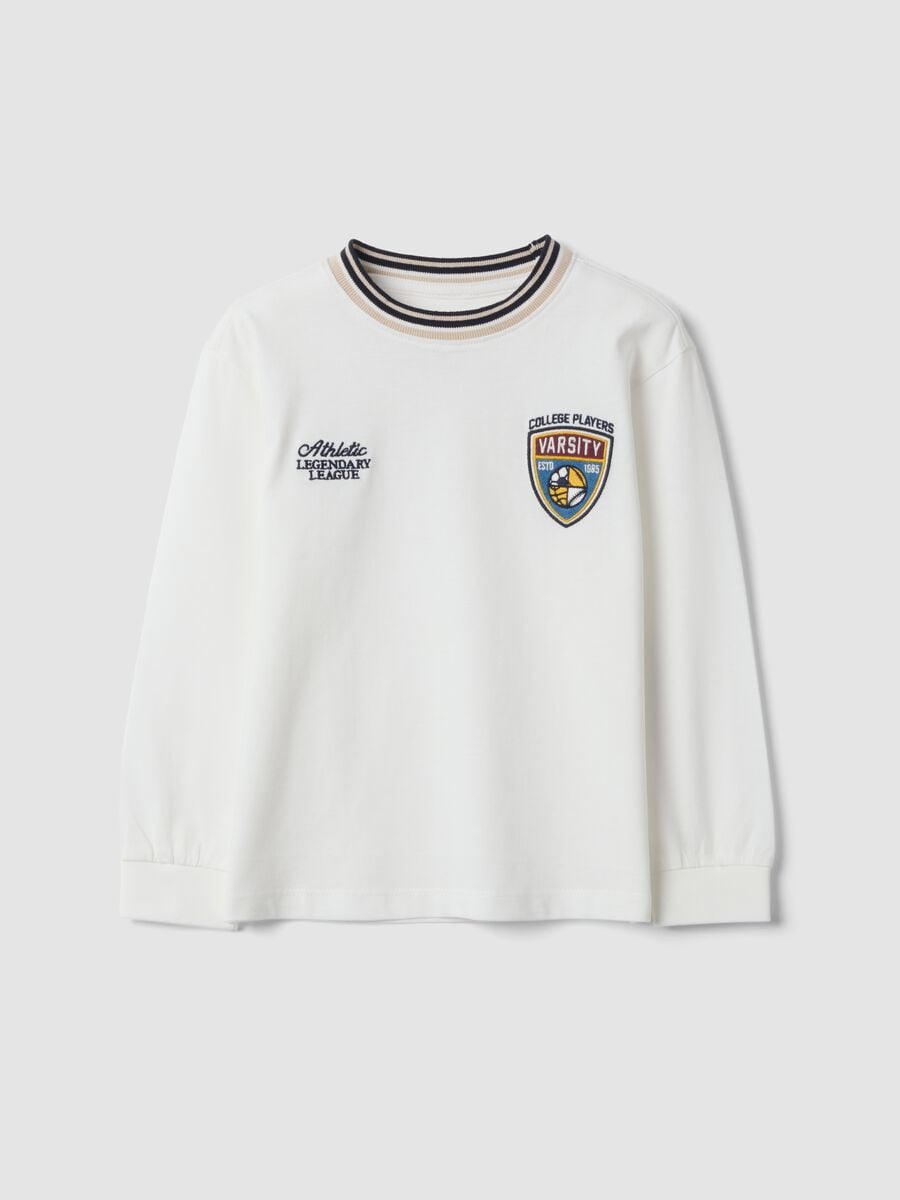 White pure cotton T-shirt with striped crew neck_0