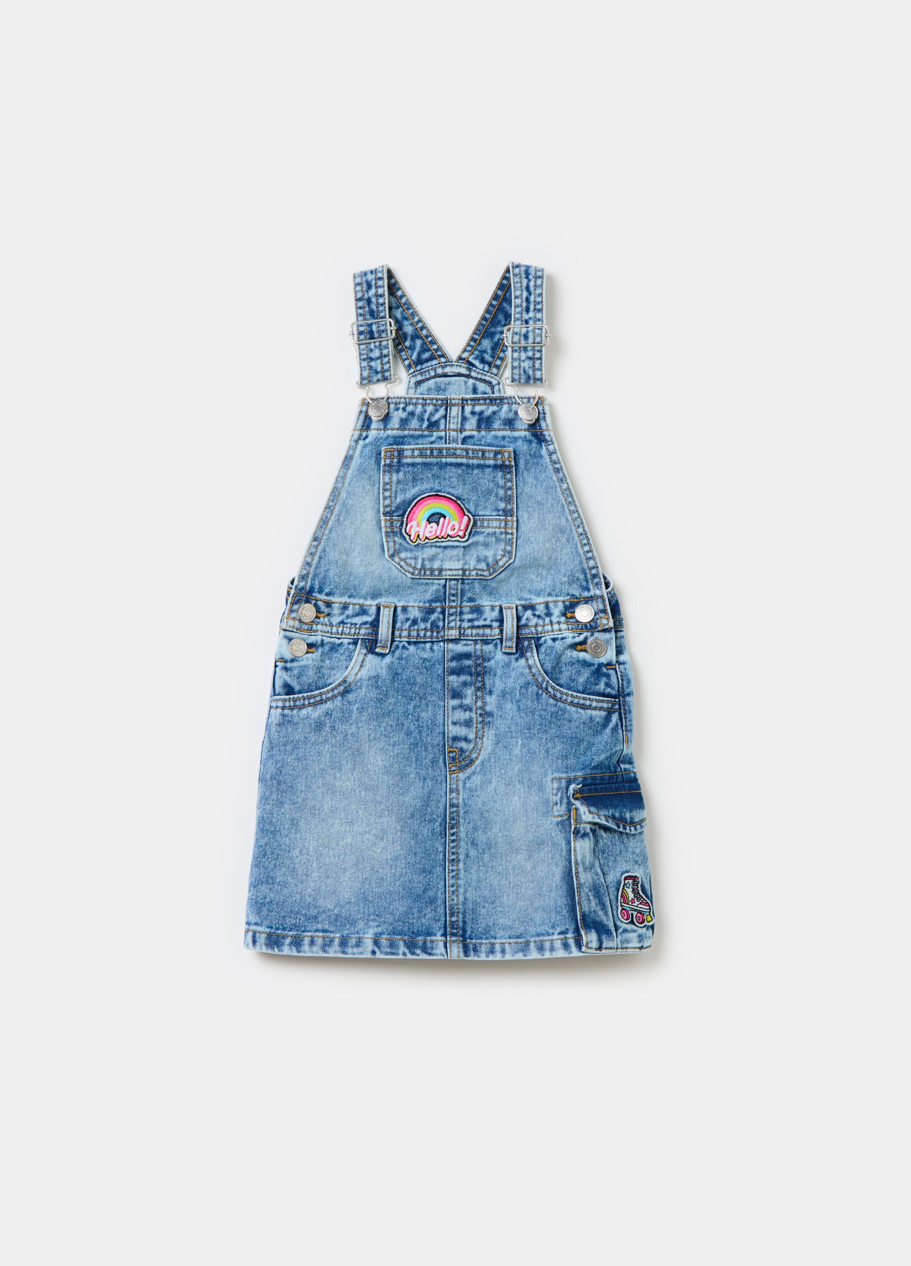 Denim dungaree skirt with patch