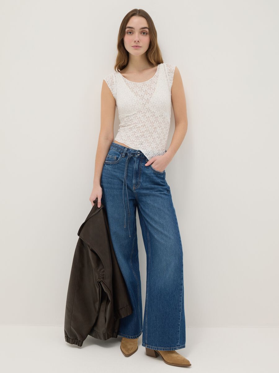 White slim fit cotton blend T-shirt with perforated design_2