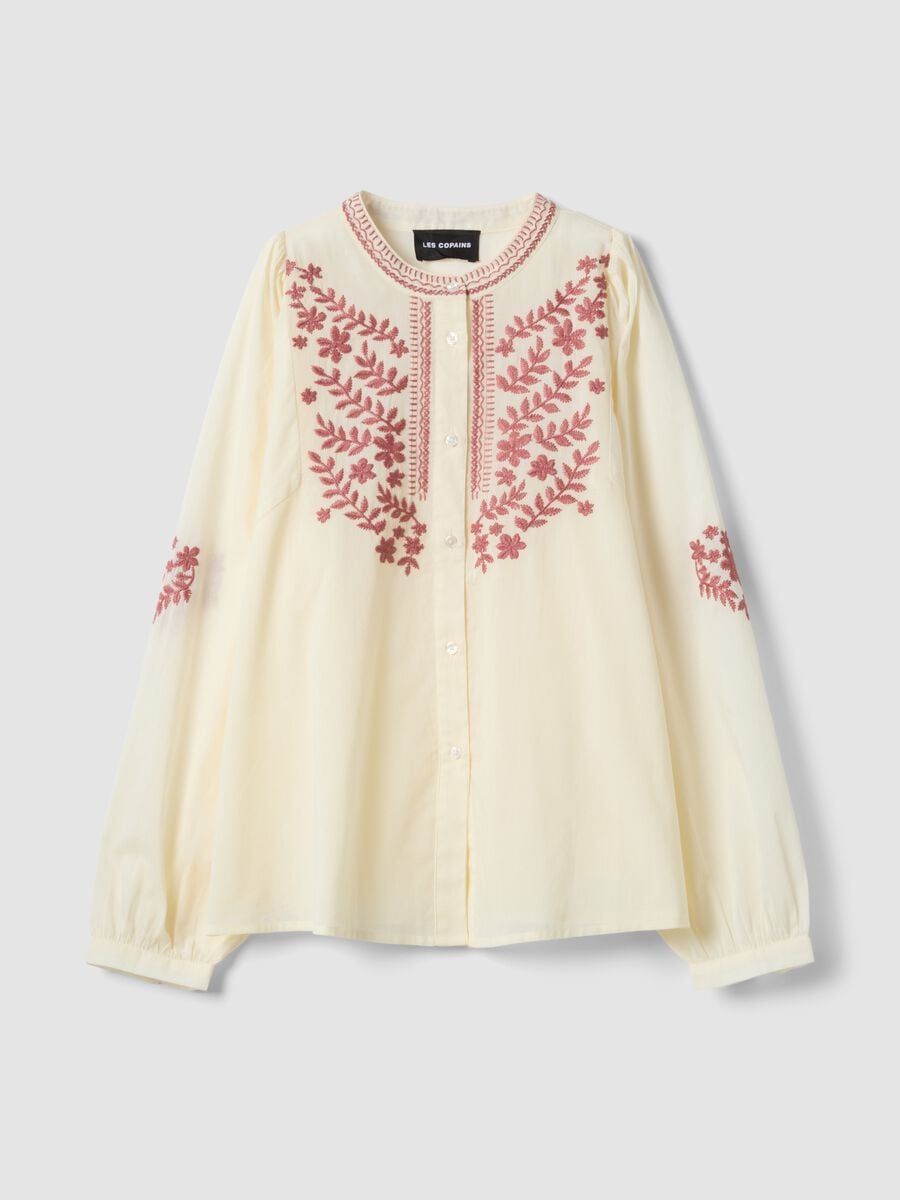 Camisa beige de algod&oacute;n puro con bordados florales_5
