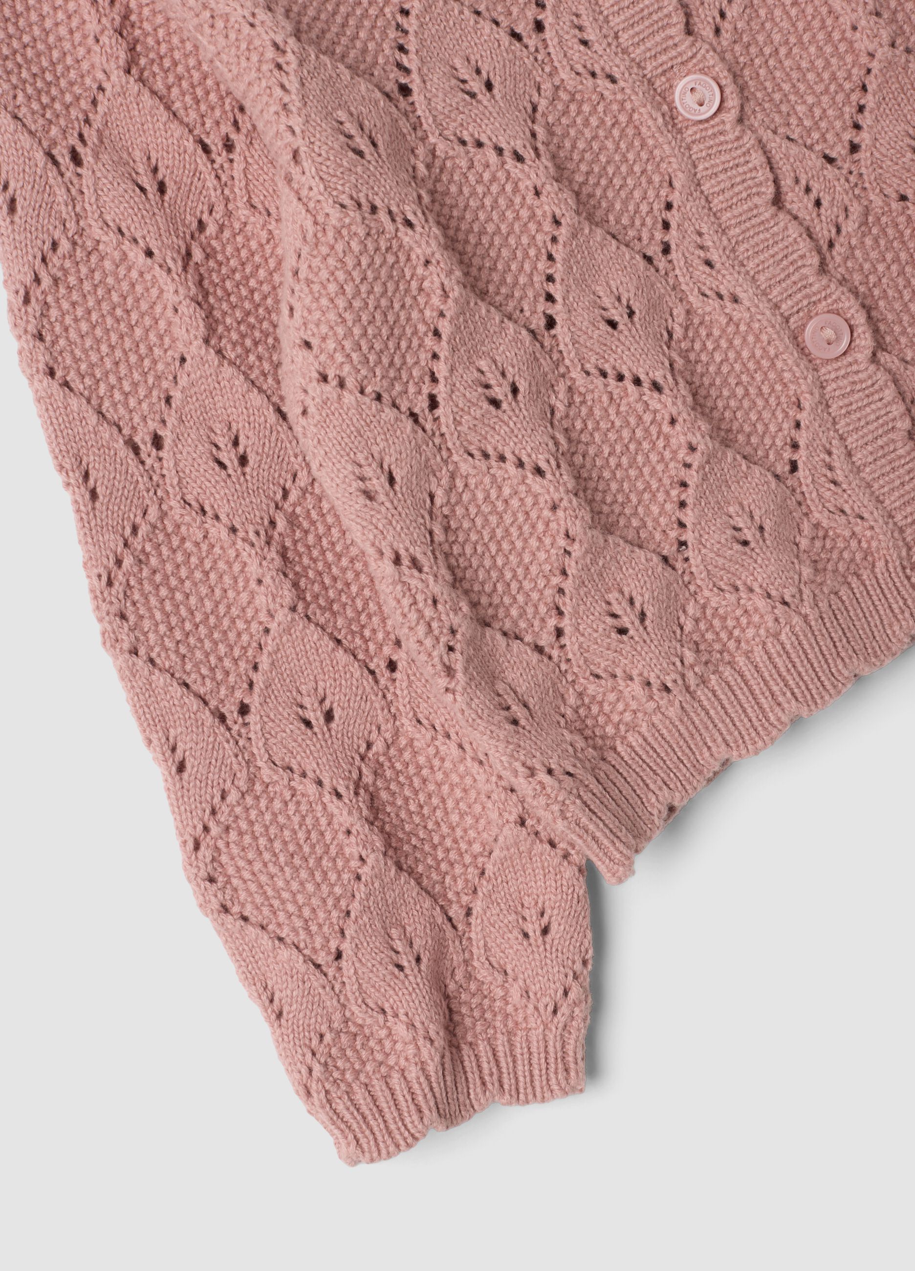 Pink cotton-blend cardigan with openwork round neck