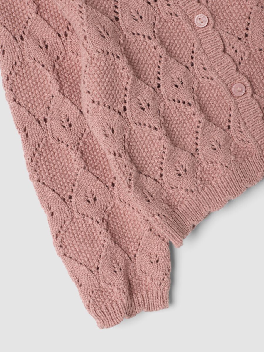 Pink cotton-blend cardigan with openwork round neck_2