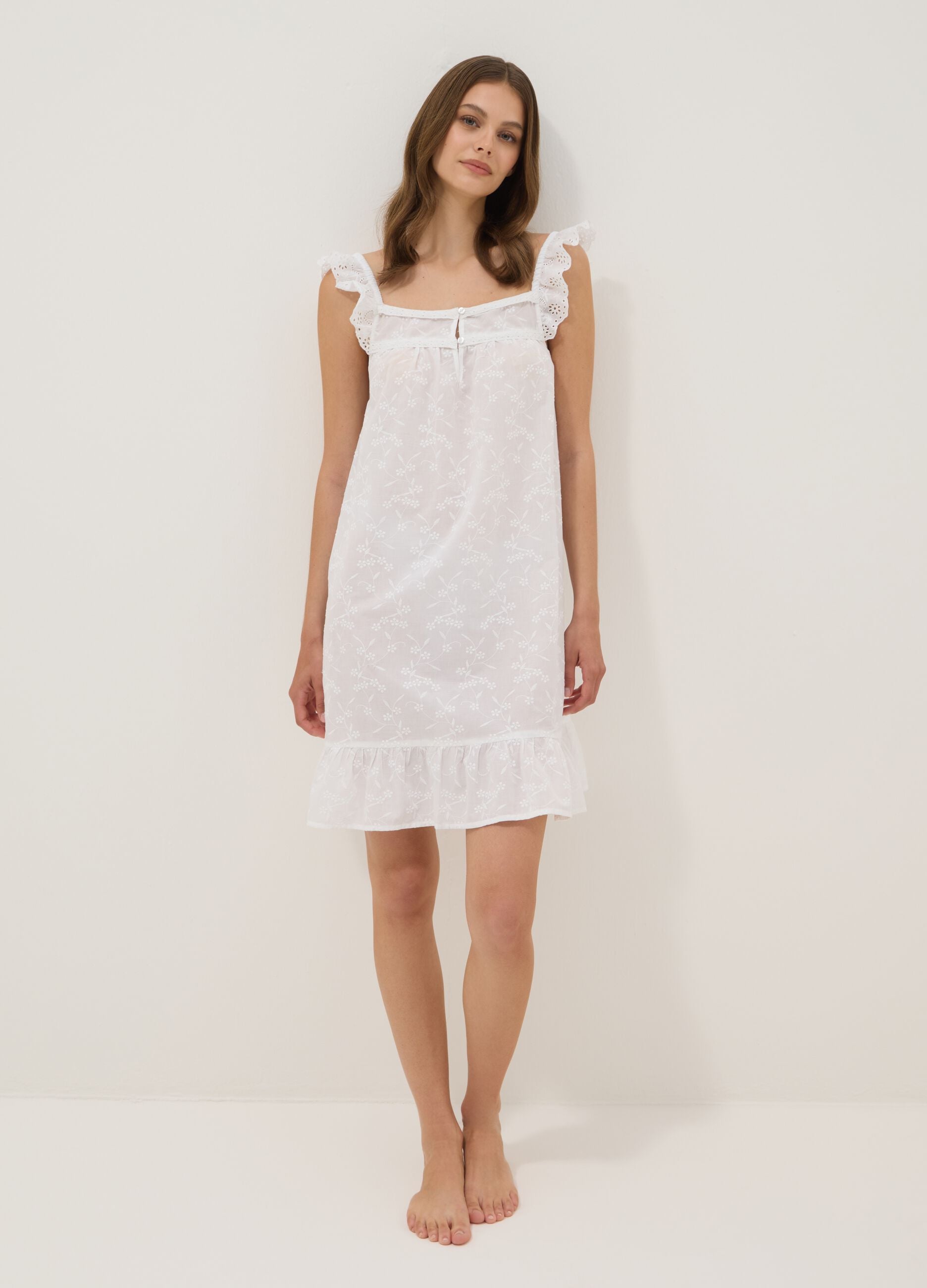 White organic cotton nightdress with ruffles