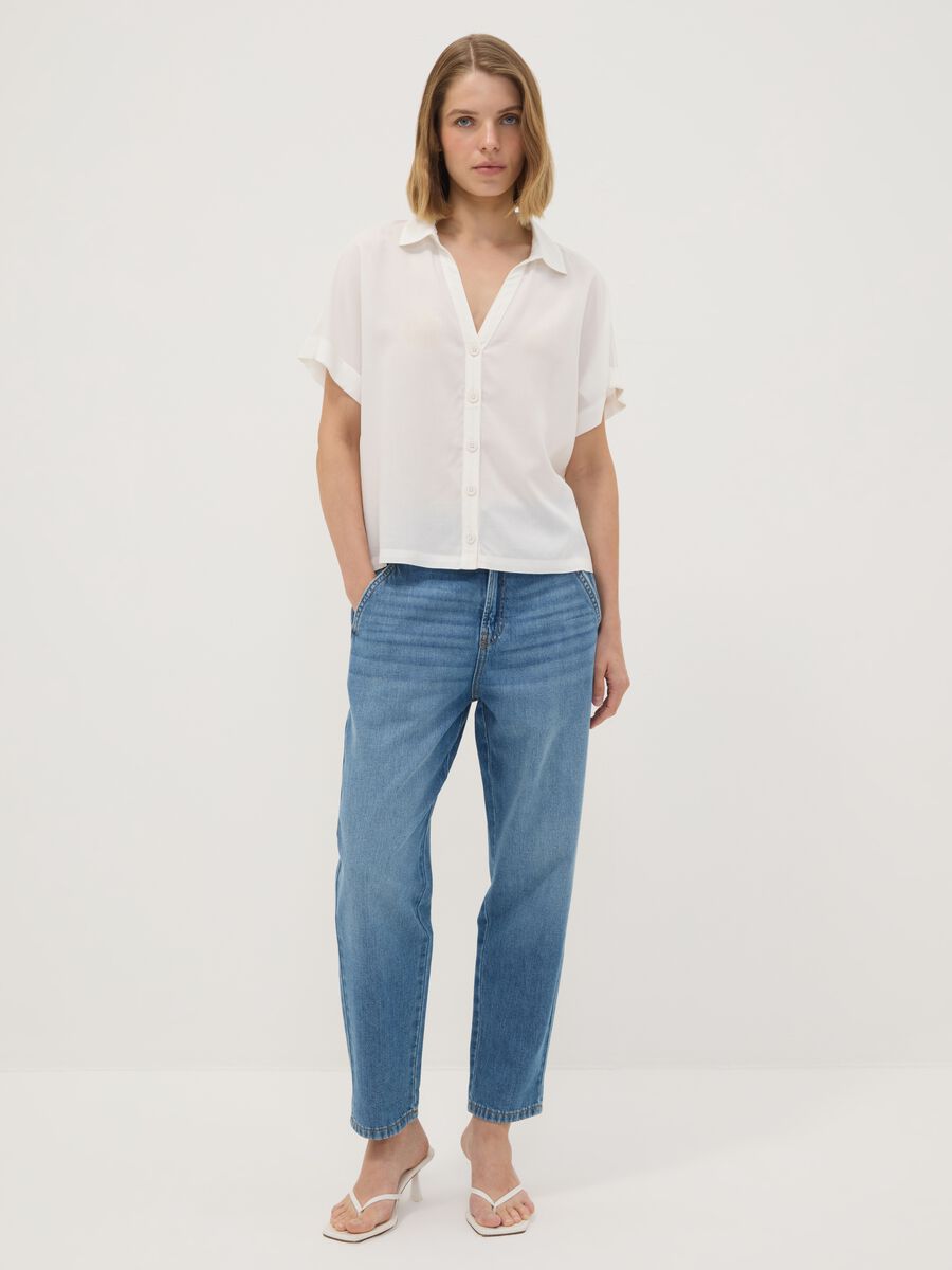 Jeans denim azzurri in puro cotone con vita paperbag baggy fit_0