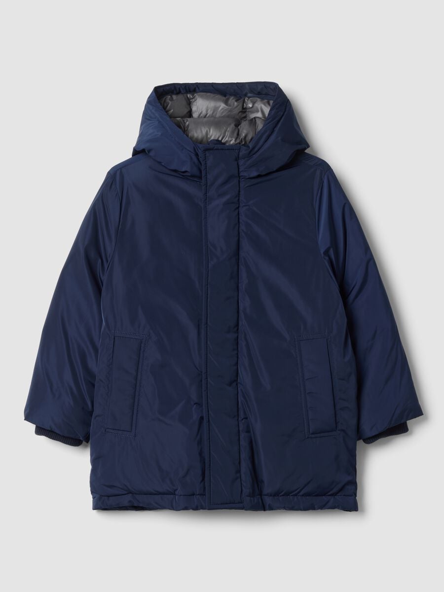 Navyblaue wattierte Jacke mit Kapuze_0