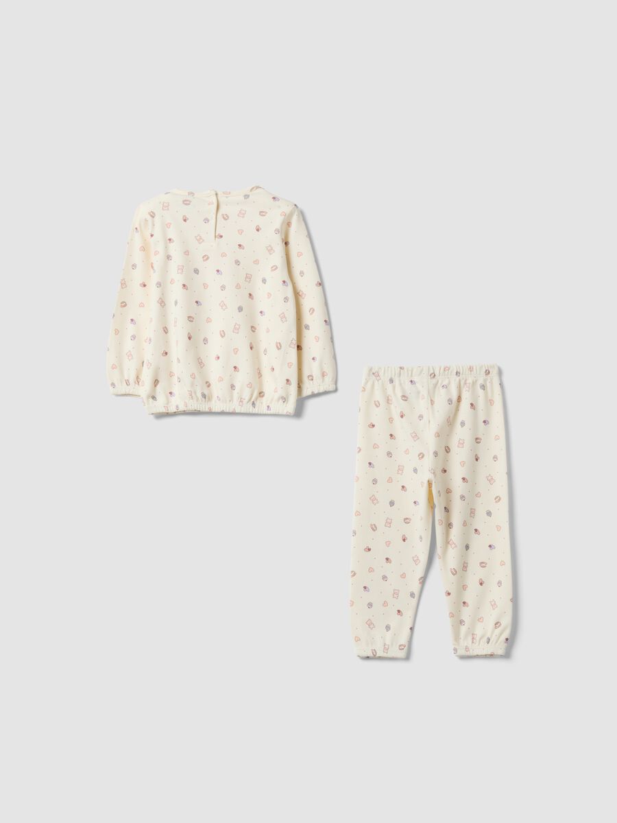 White organic cotton pyjamas with hearts and teddy bear print for baby girl_1