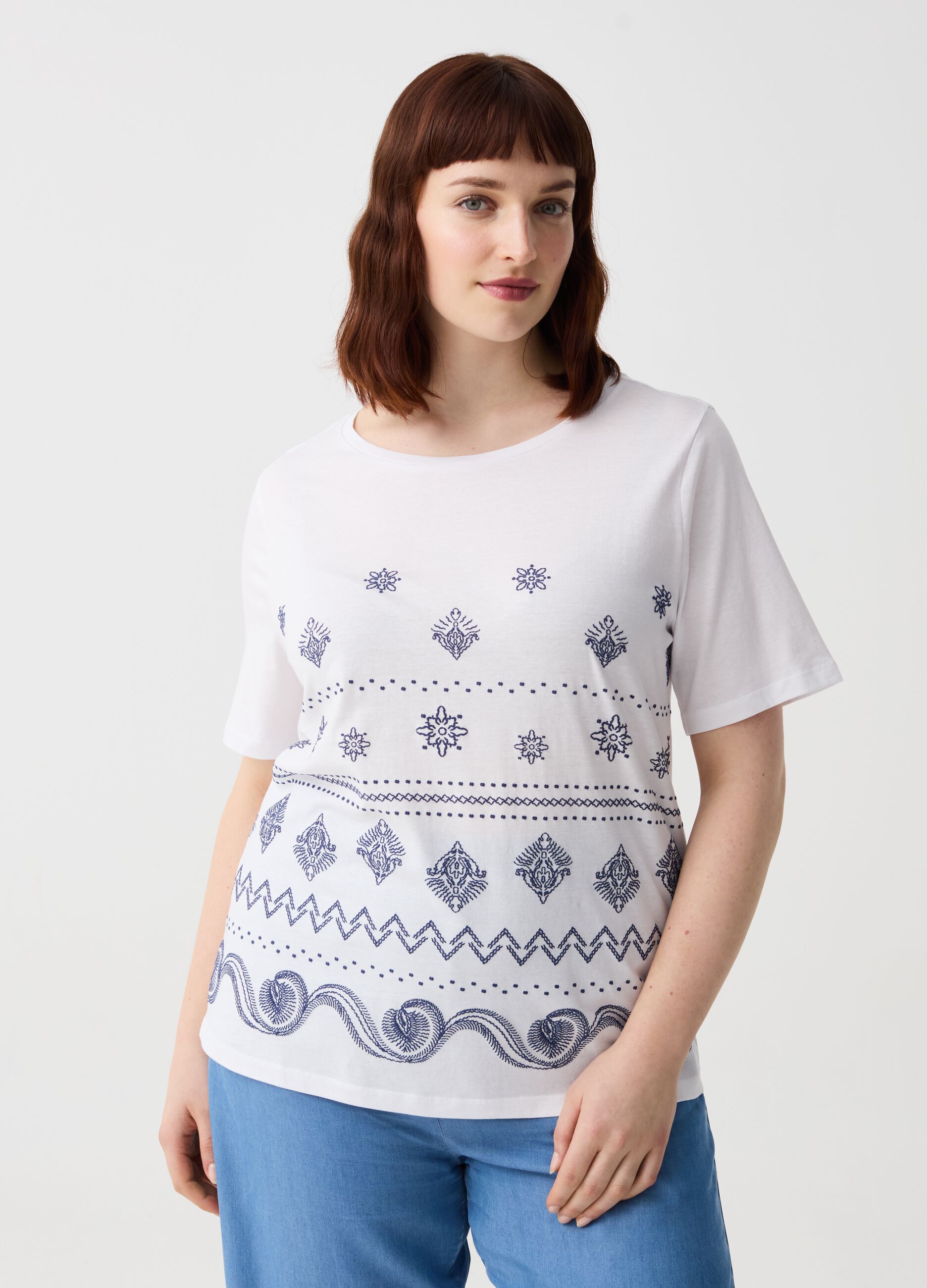 Curvy cotton T-shirt with boho print