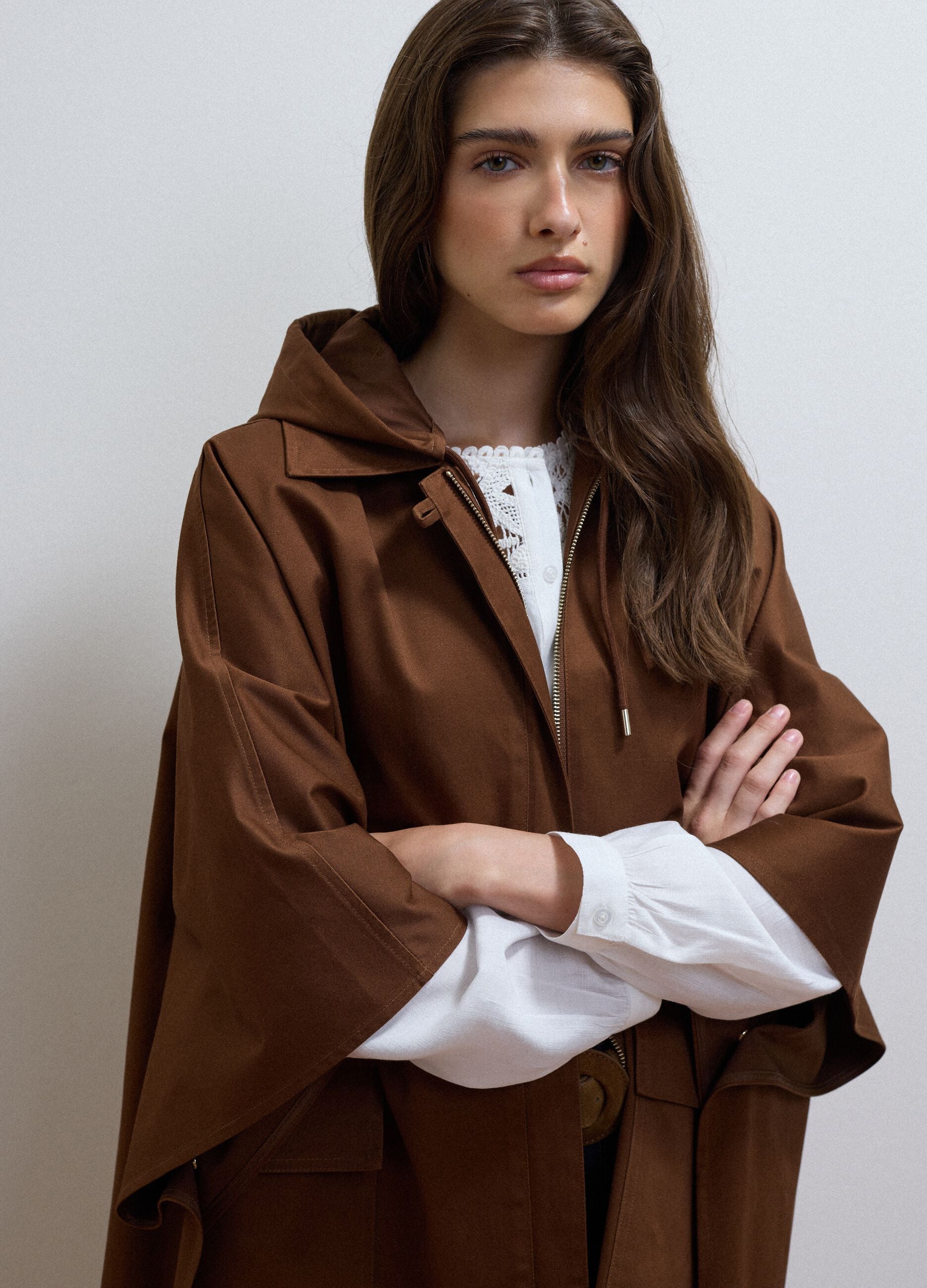 Brown pure cotton hooded cape with oversized fit