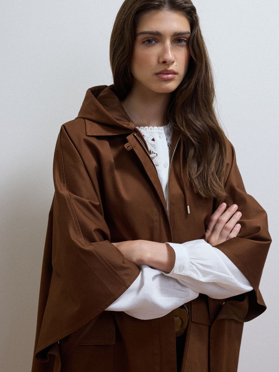 Brown pure cotton hooded cape with oversized fit_2