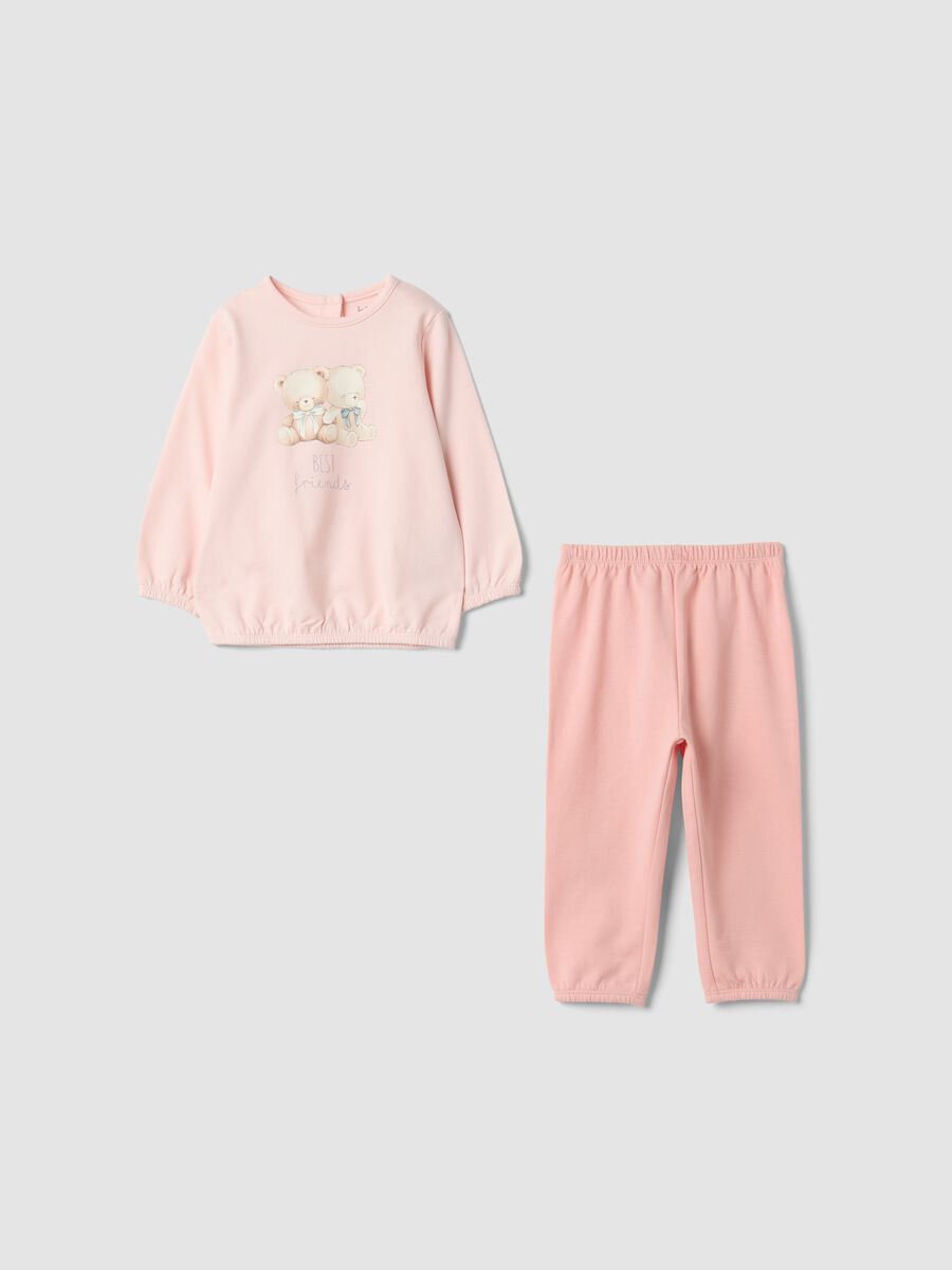 Pijama rosa em algod&atilde;o org&acirc;nico puro com estampado de ursinho_0