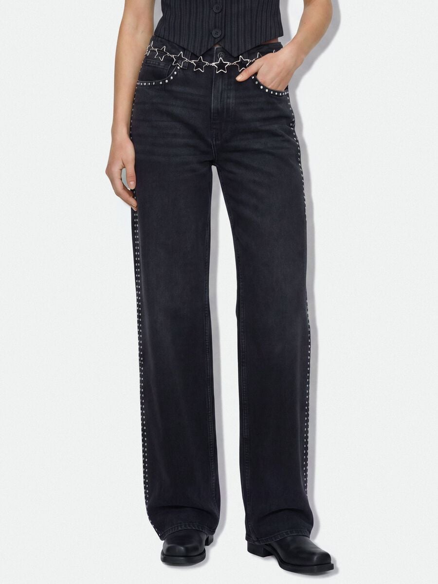 Black pure cotton wide-leg jeans with studs_1