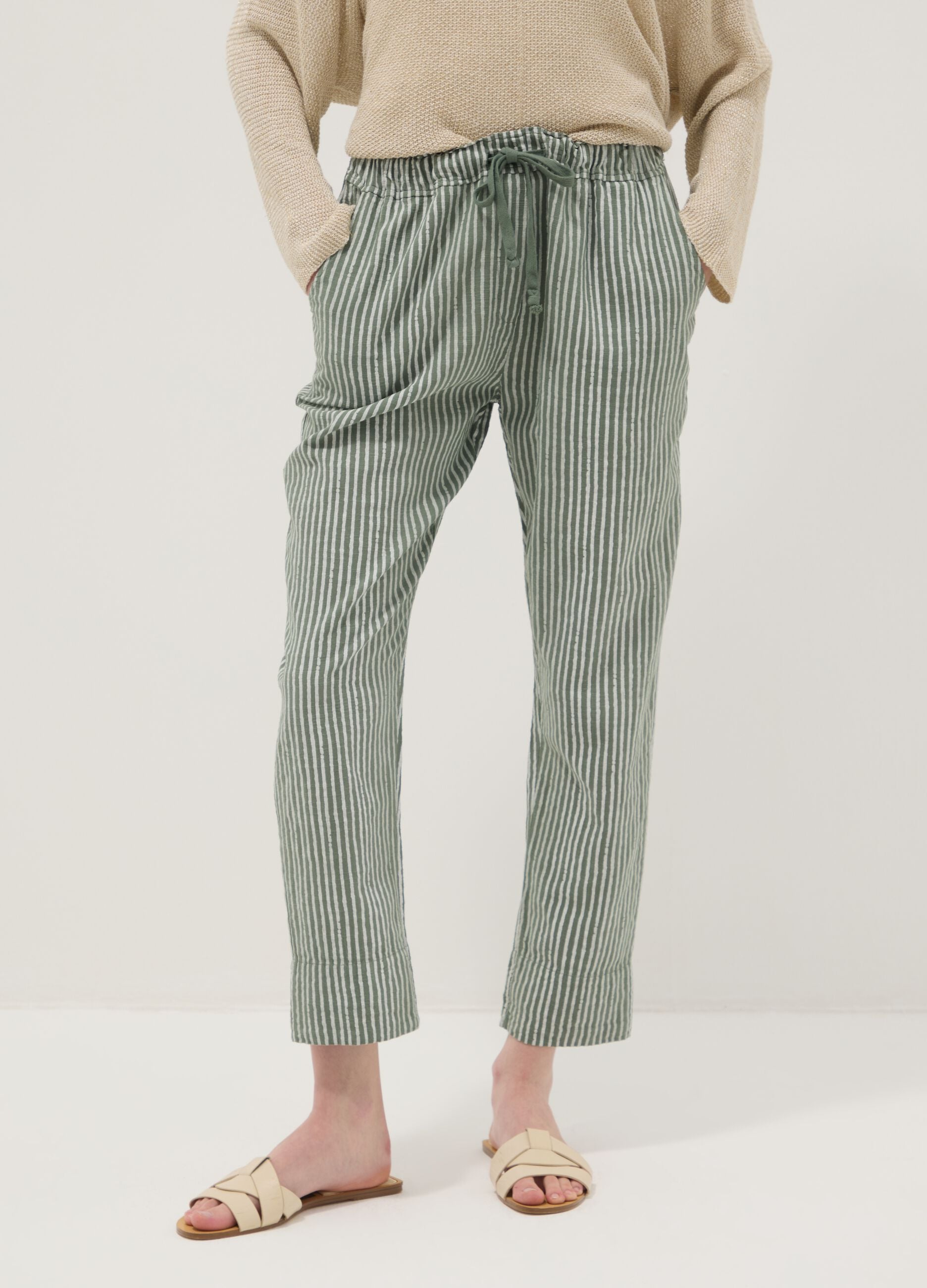 Green pure cotton striped regular-fit trousers