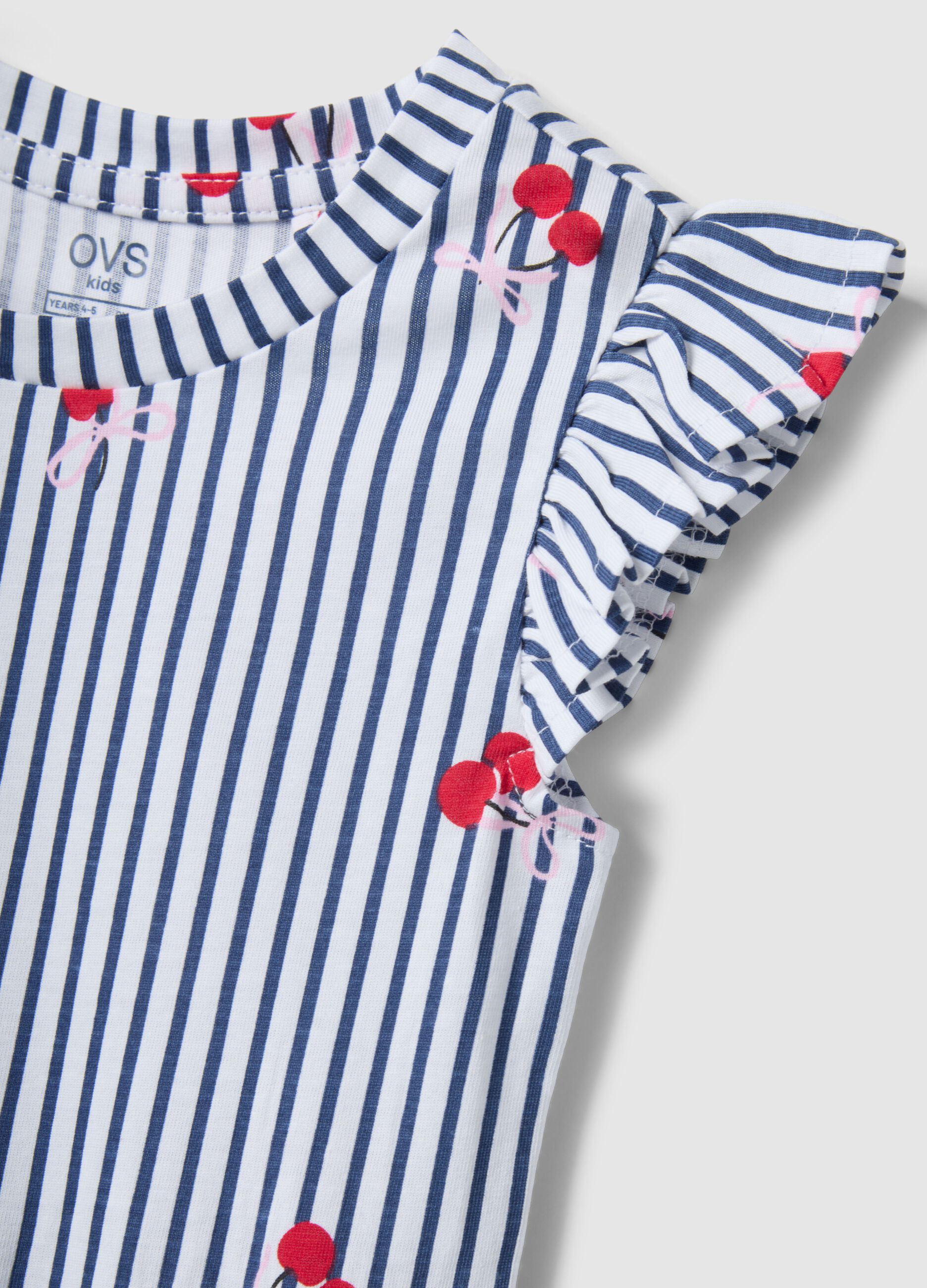 Vestido azul a rayas de puro algod&oacute;n con volantes y estampados para ni&ntilde;a