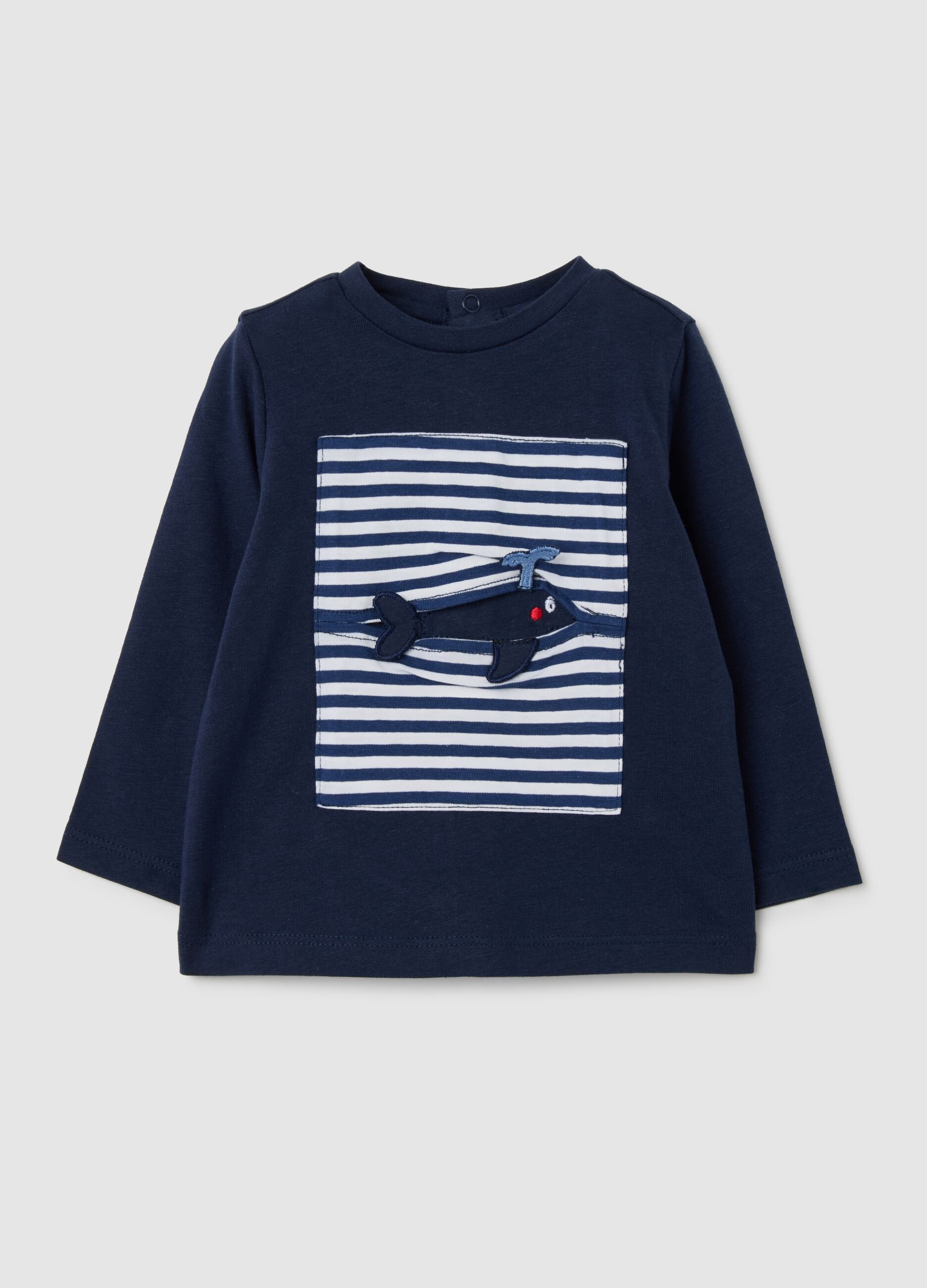 Blue pure cotton regular fit T-shirt with embroidery for newborns