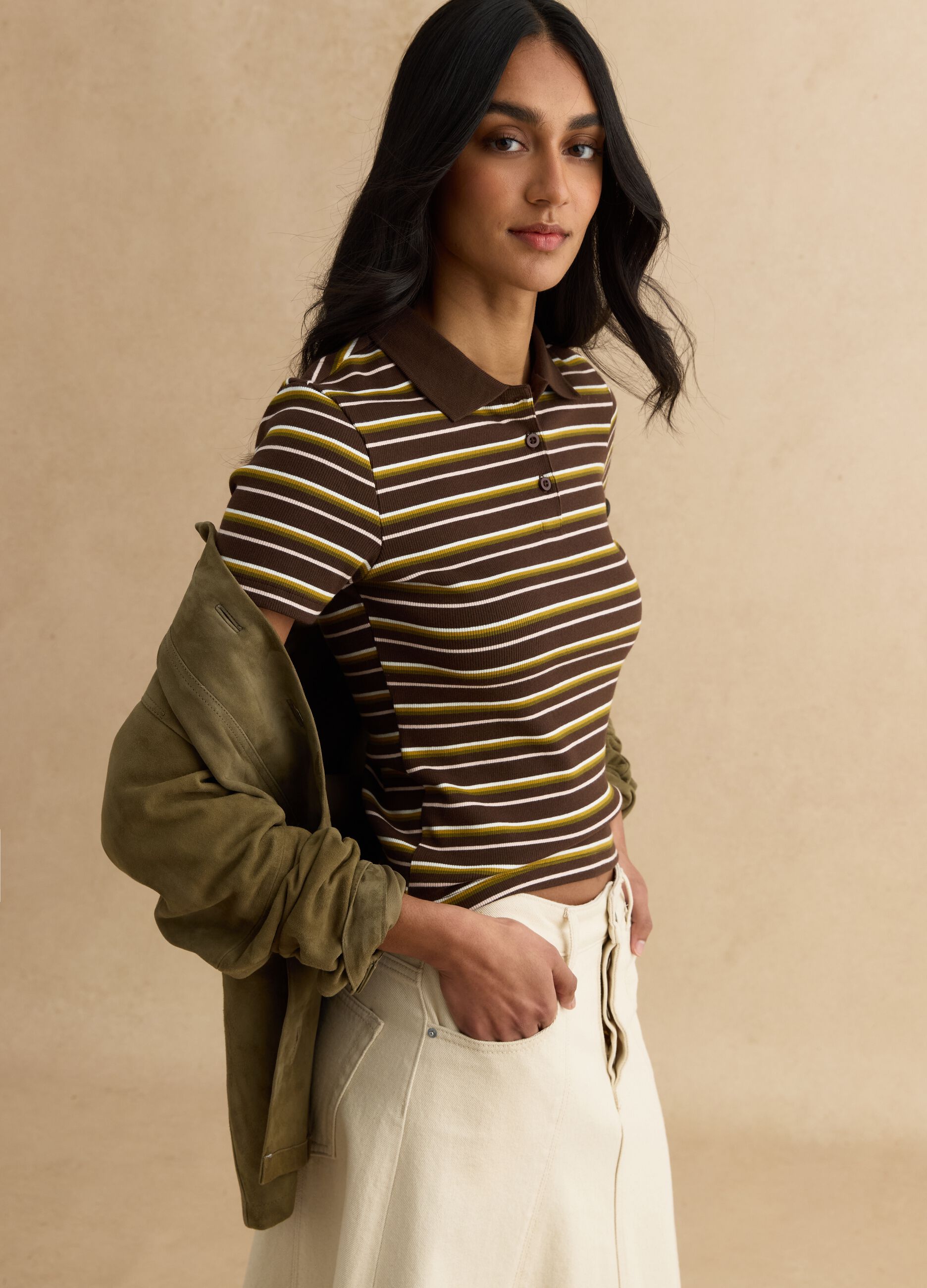 Brown striped stretch cotton polo