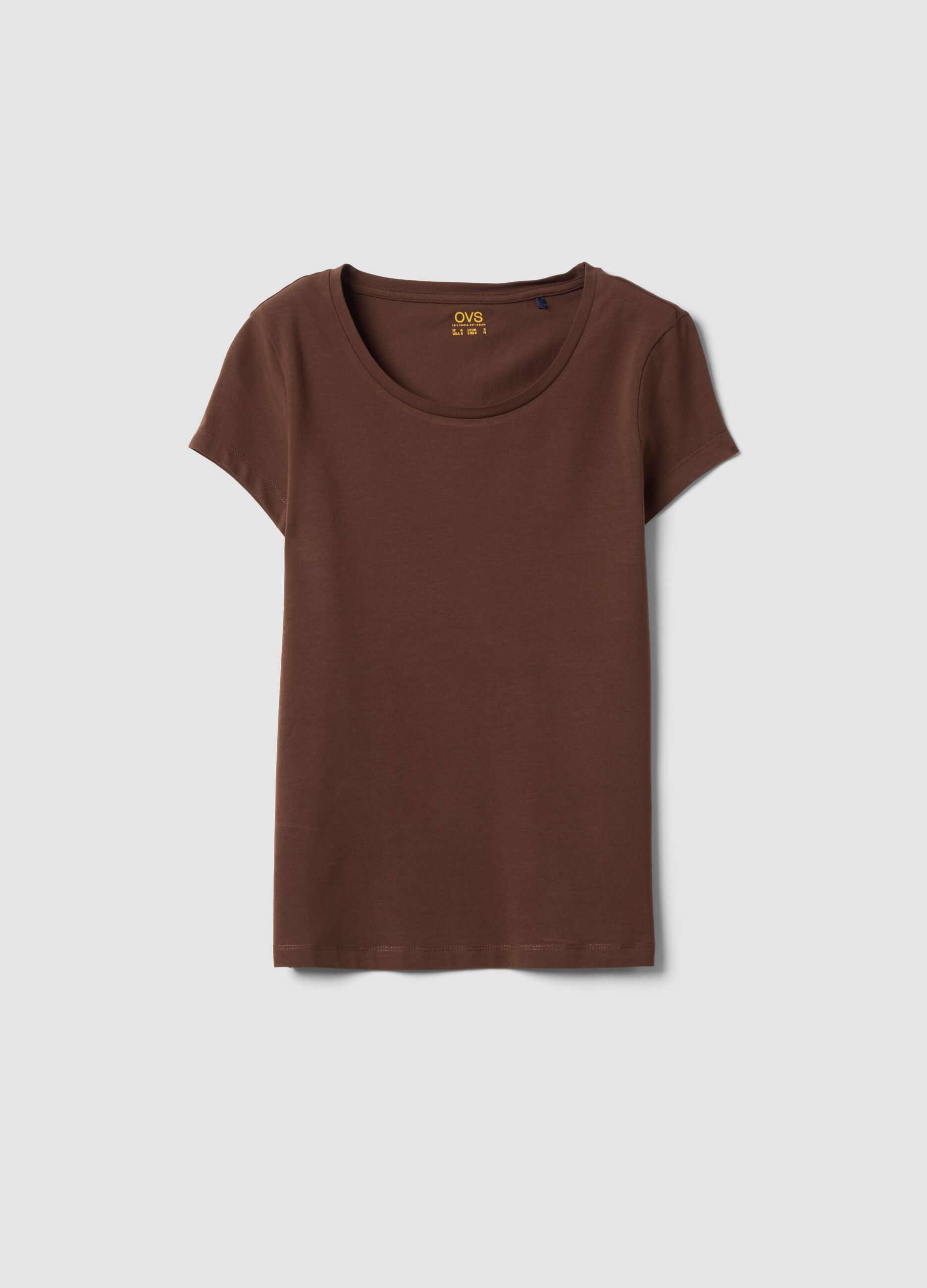 Brown stretch cotton crew-neck T-shirt, regular fit