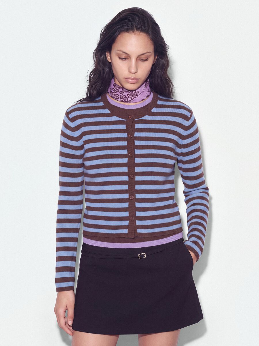 Light blue crew-neck striped cardigan in lyocell-wool blend, oversized fit_0