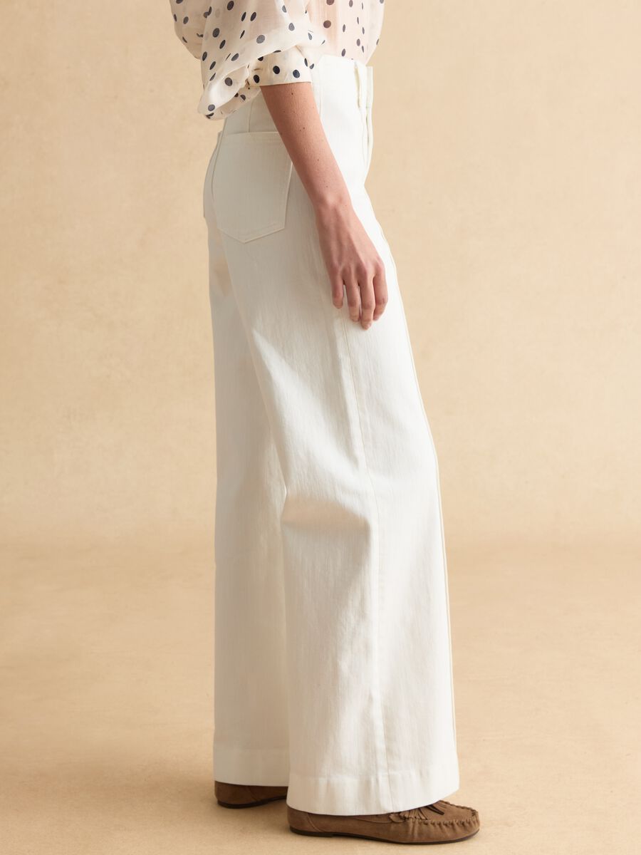 White wide leg stretch cotton trousers_3