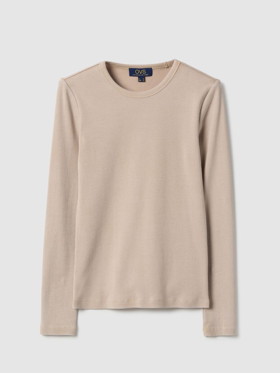 Beige regular fit stretchy cotton long sleeve top_4