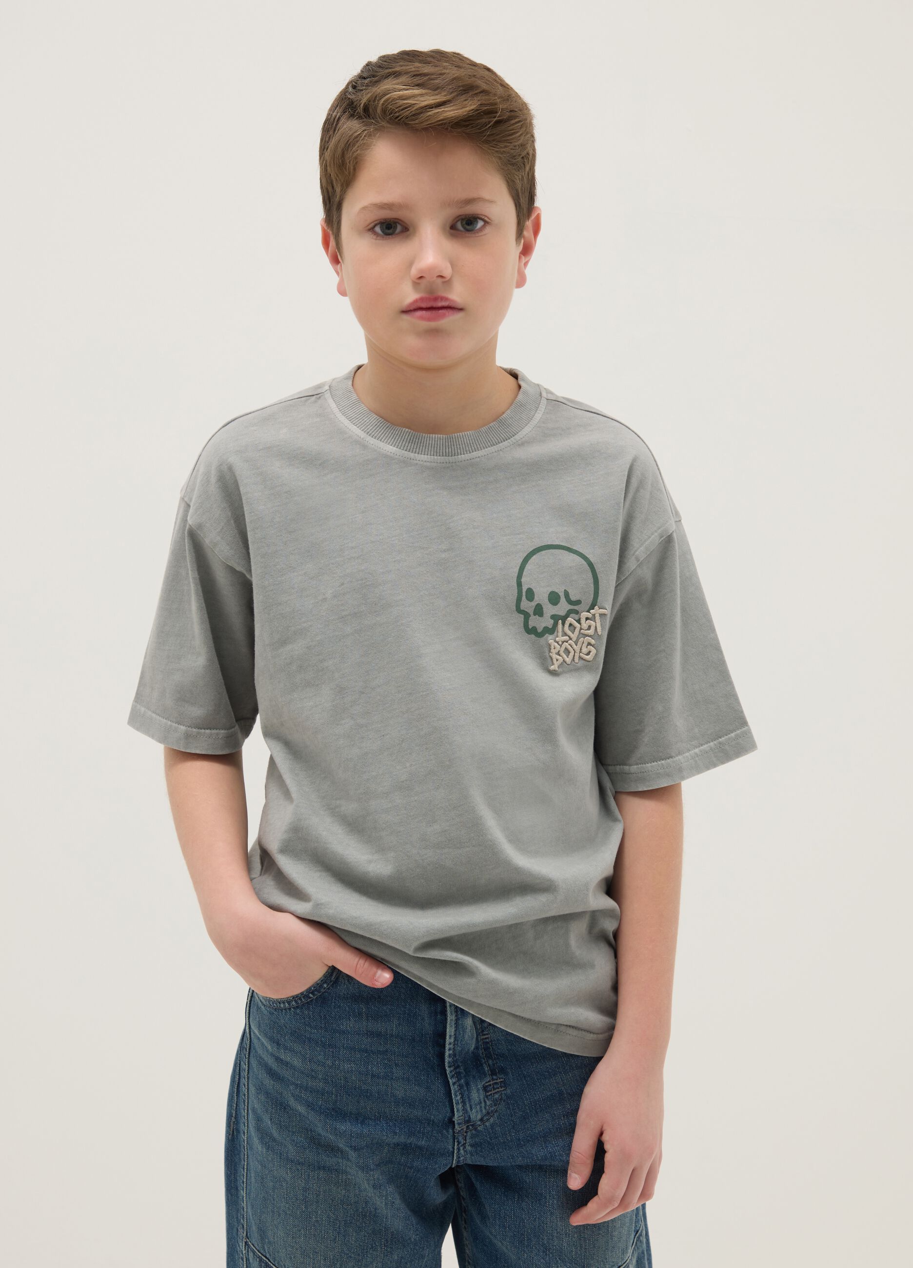 Boys' Green Pure Cotton Oversized Fit T-shirt with Skull