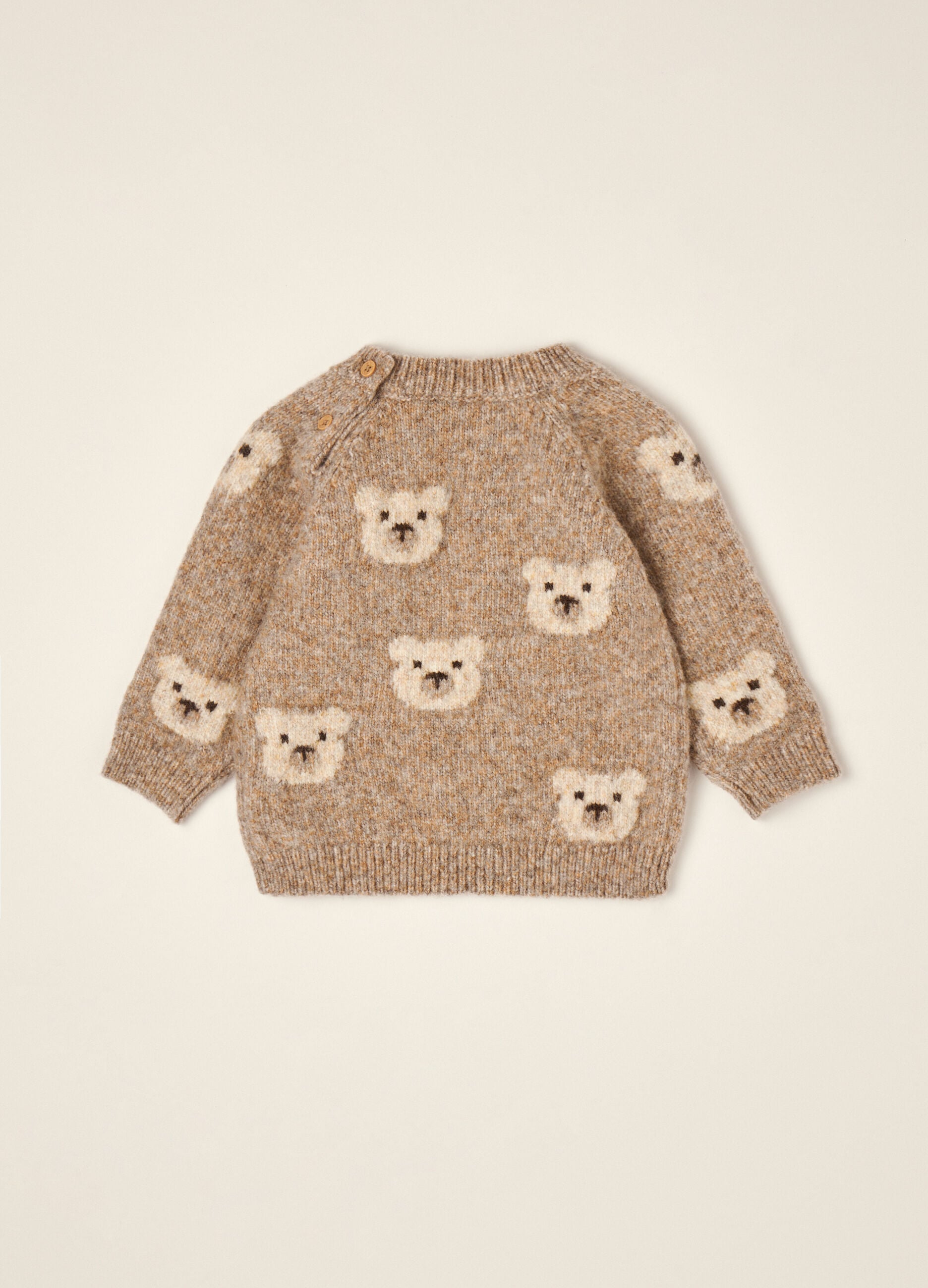 Beiger Wollmix-Pullover mit Rundhalsausschnitt und Teddyb&auml;r-Motiv