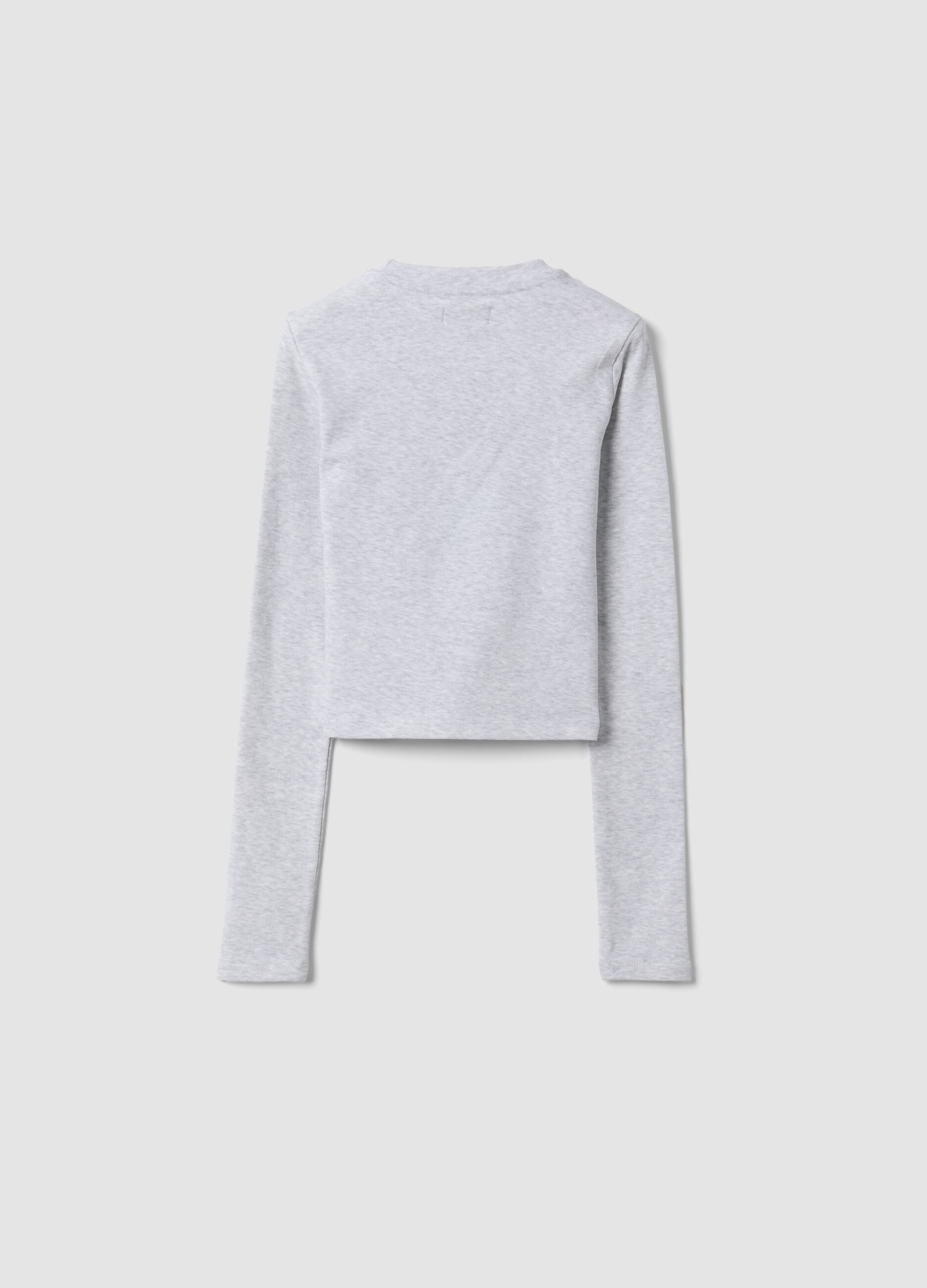 Grey stretch organic cotton T-shirt with ribbed neckline and cat print