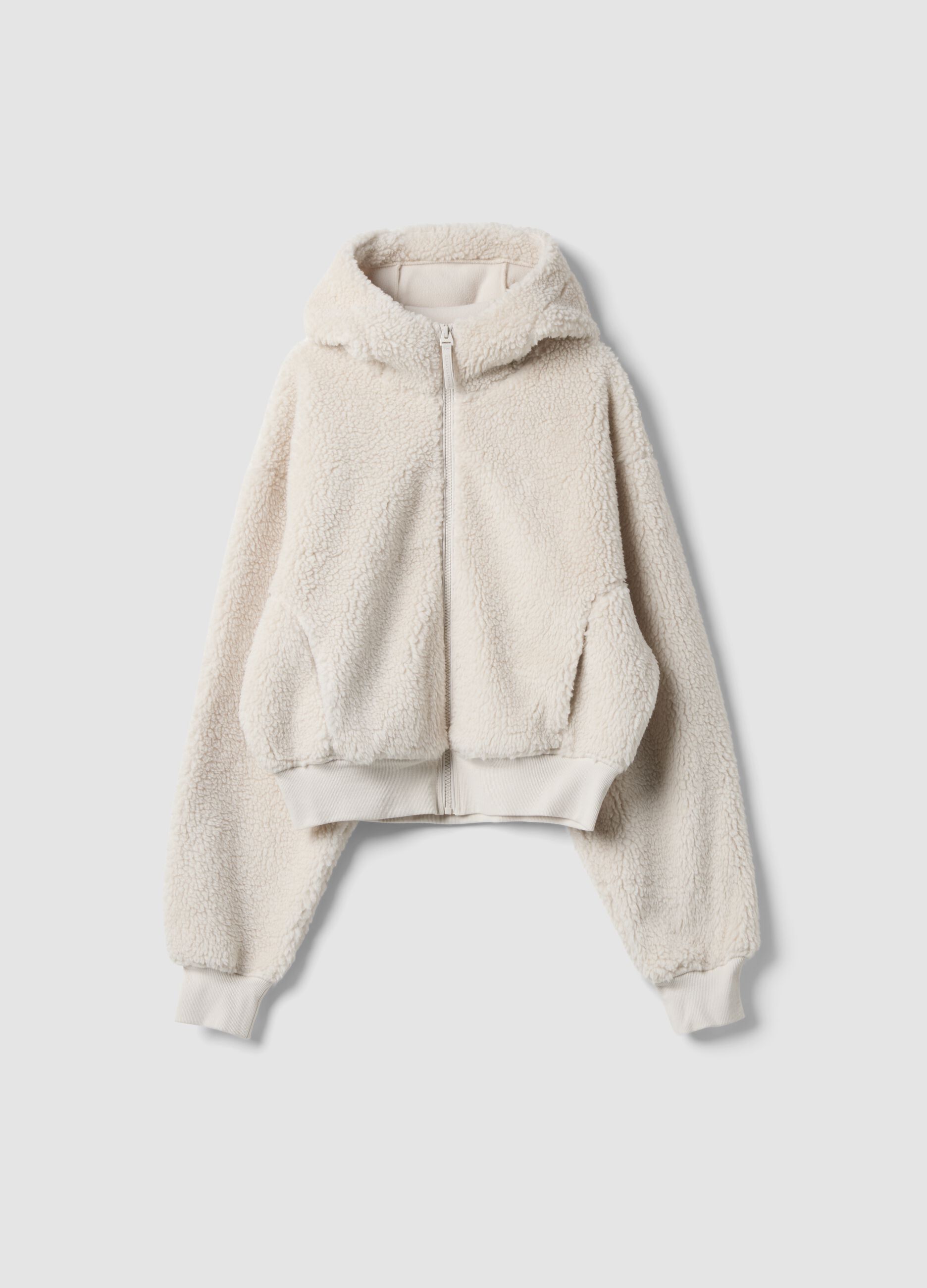 Beige crew-neck teddy-effect sweatshirt