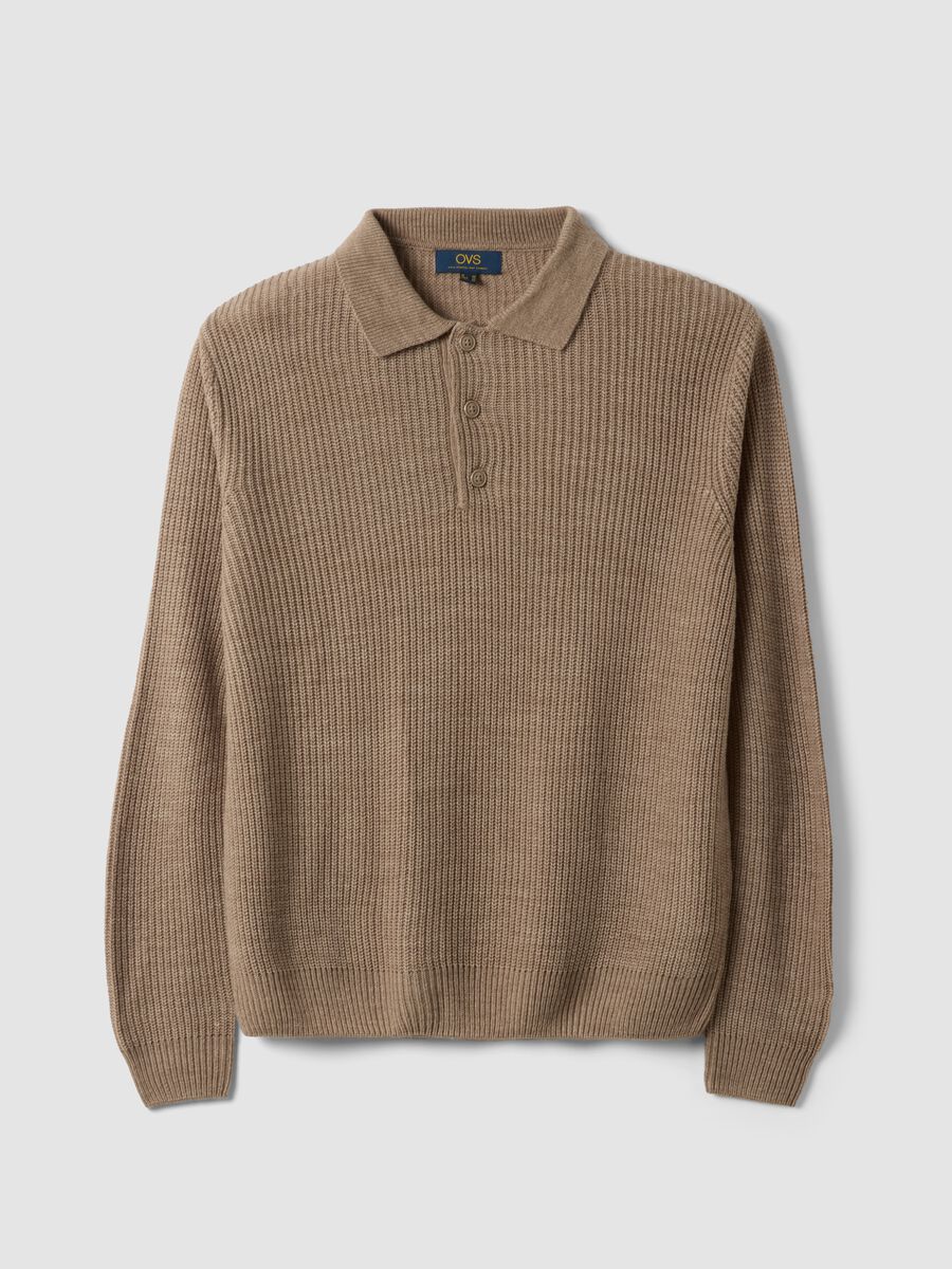 Beige long-sleeved ribbed knit polo shirt_0