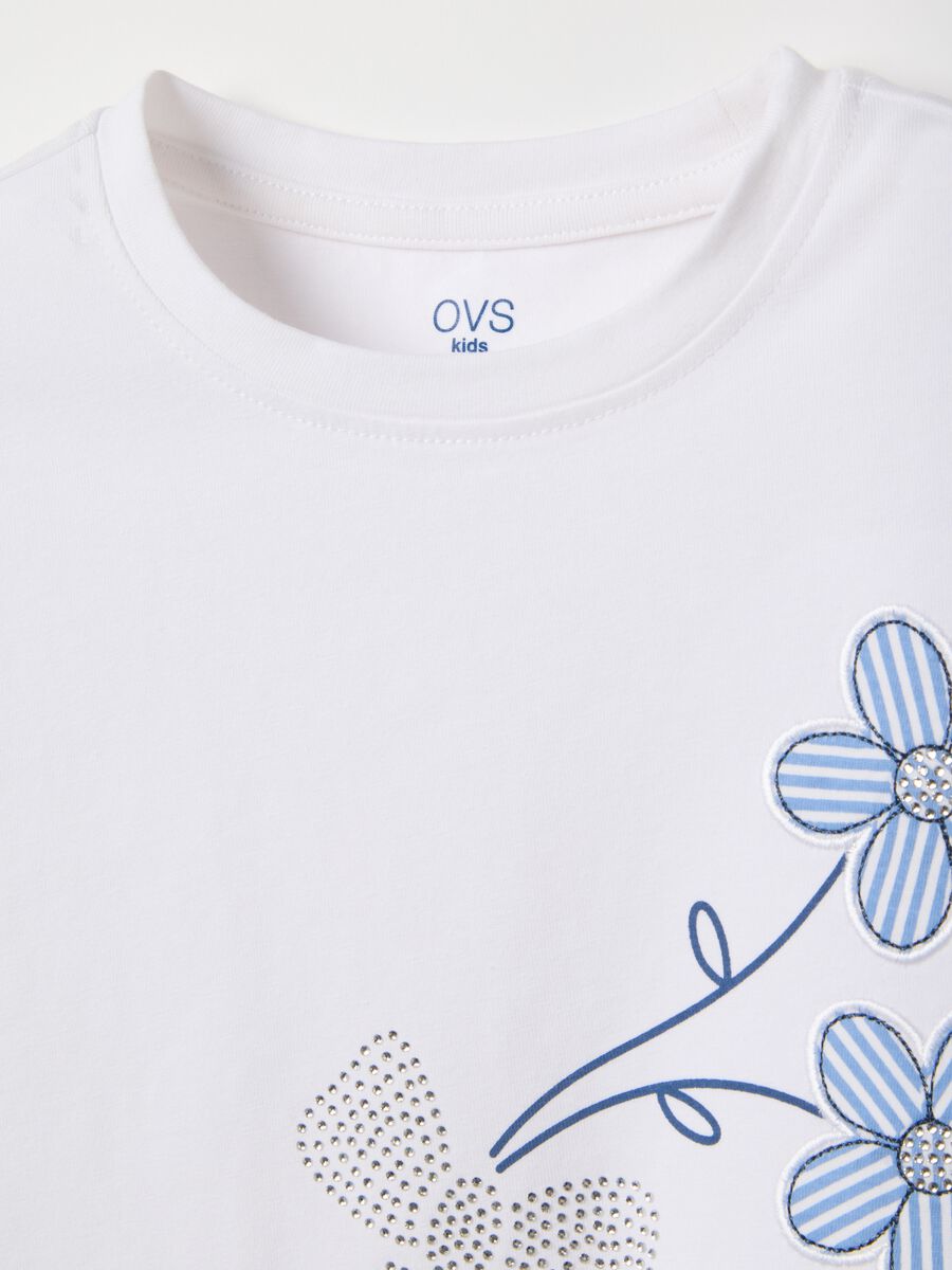 Girls' white stretch cotton T-shirt with regular fit and rhinestones_2