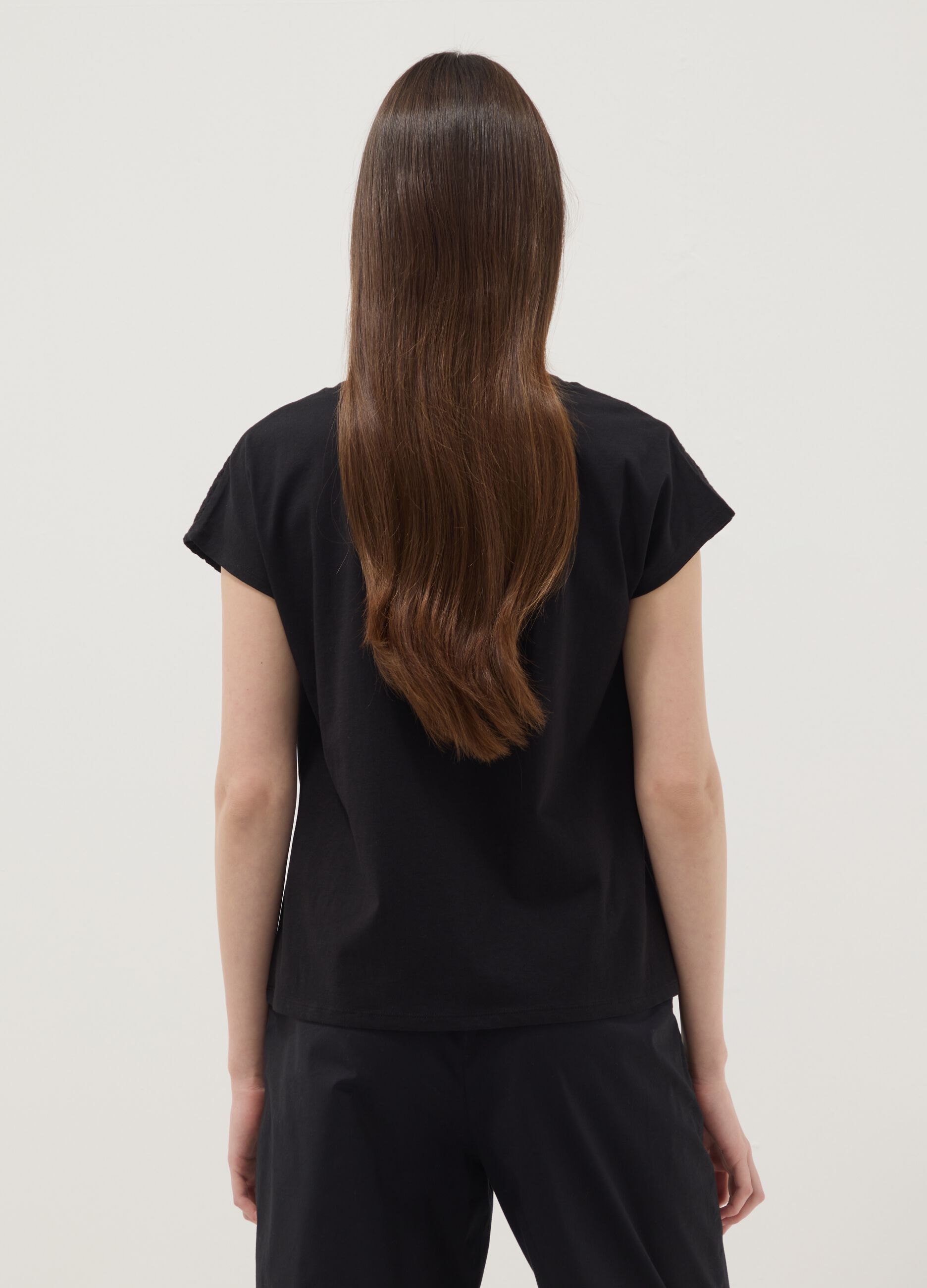 Black pure cotton T-shirt with Broderie Anglaise lace insert