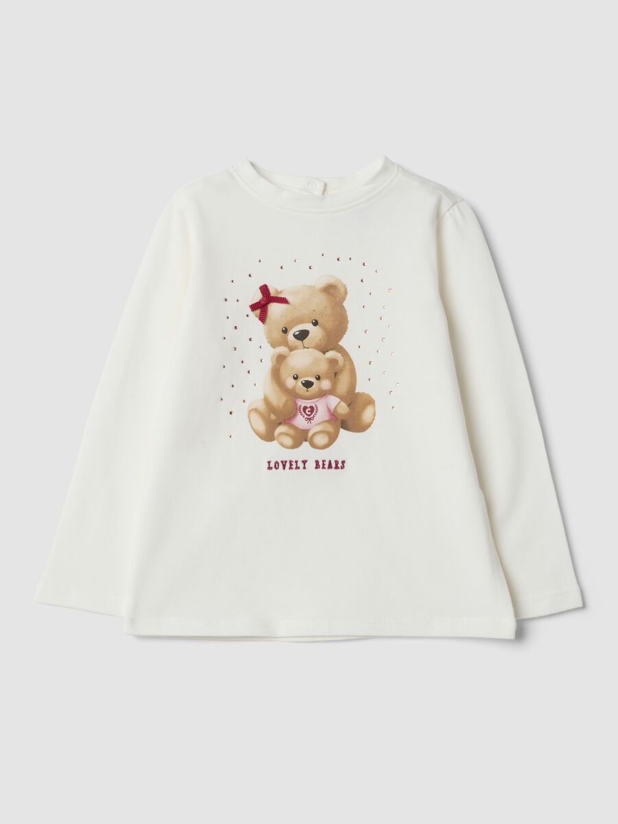 White organic stretch cotton T-shirt with teddy bear print_0