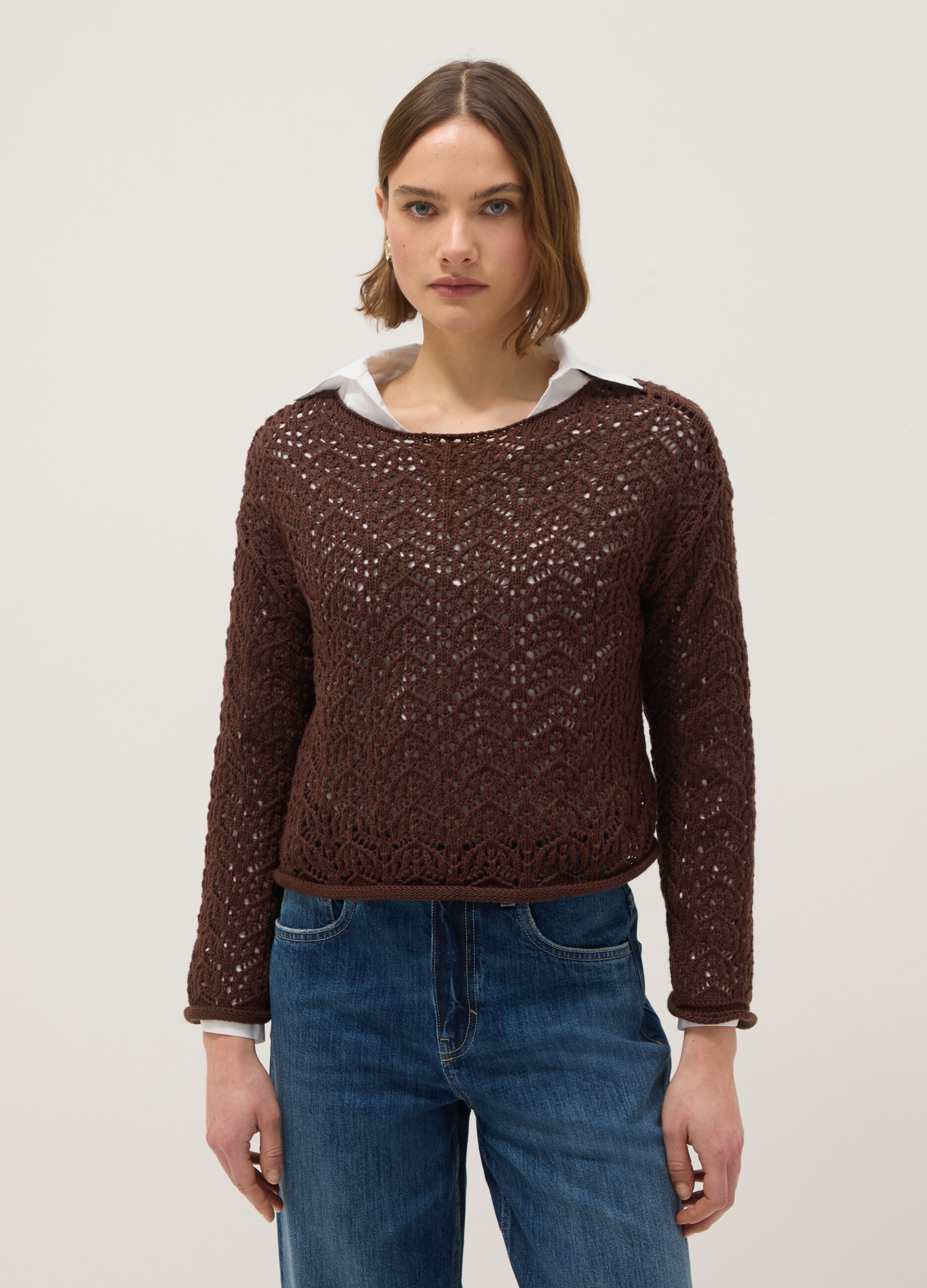 Brown pure cotton sweater with perforated pattern, regular fit