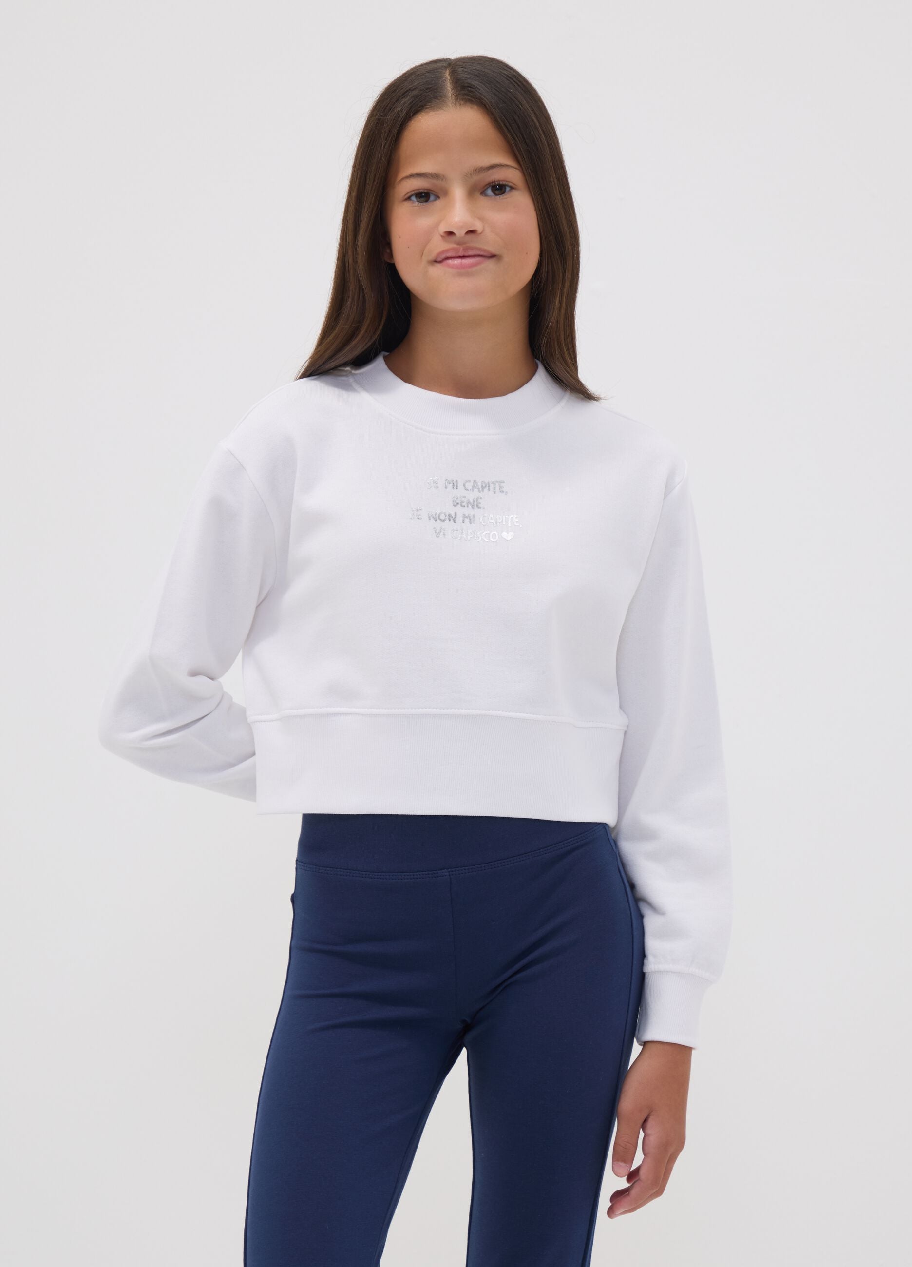 White organic cotton sweatshirt with front print for girls