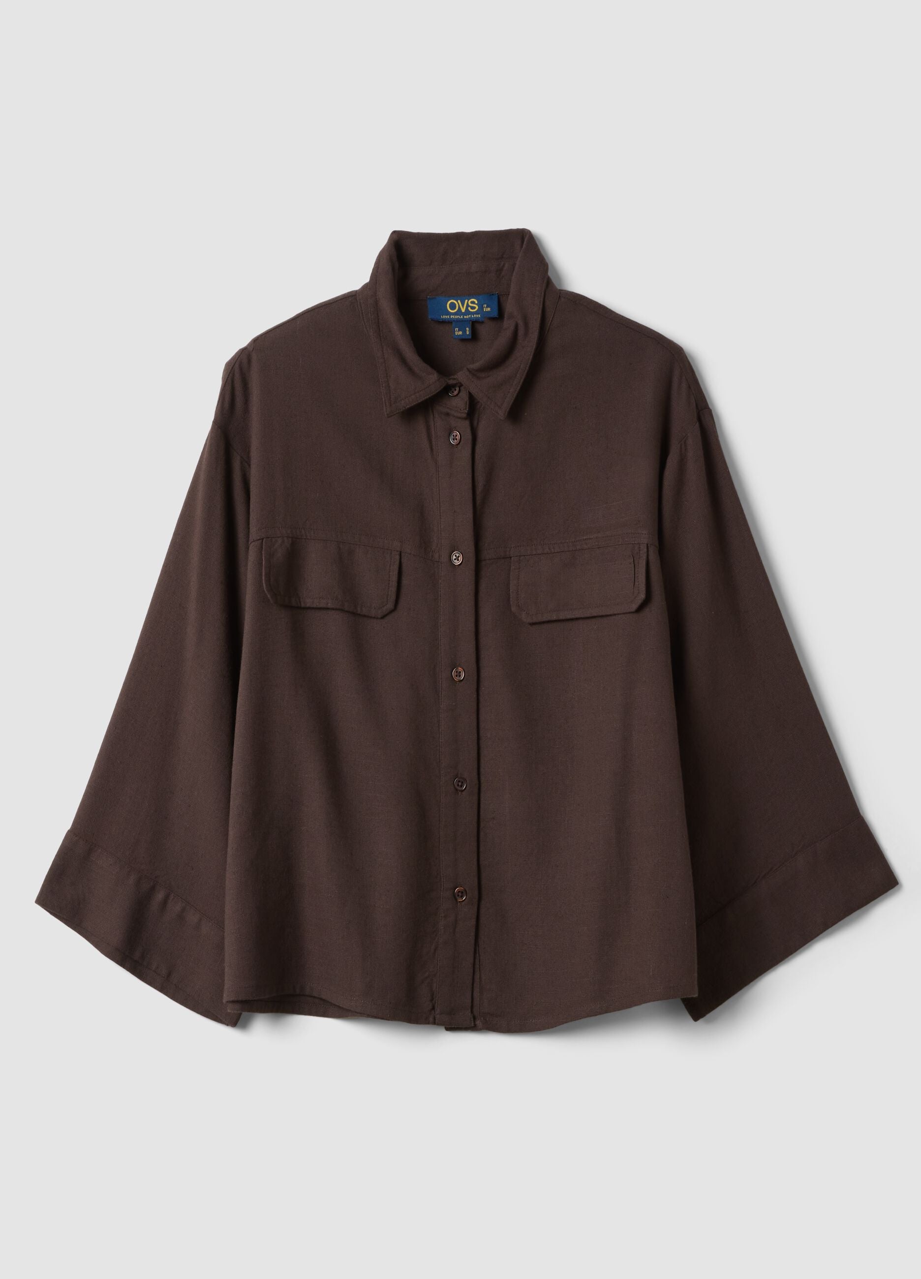 Brown viscose and linen blend shirt, regular fit