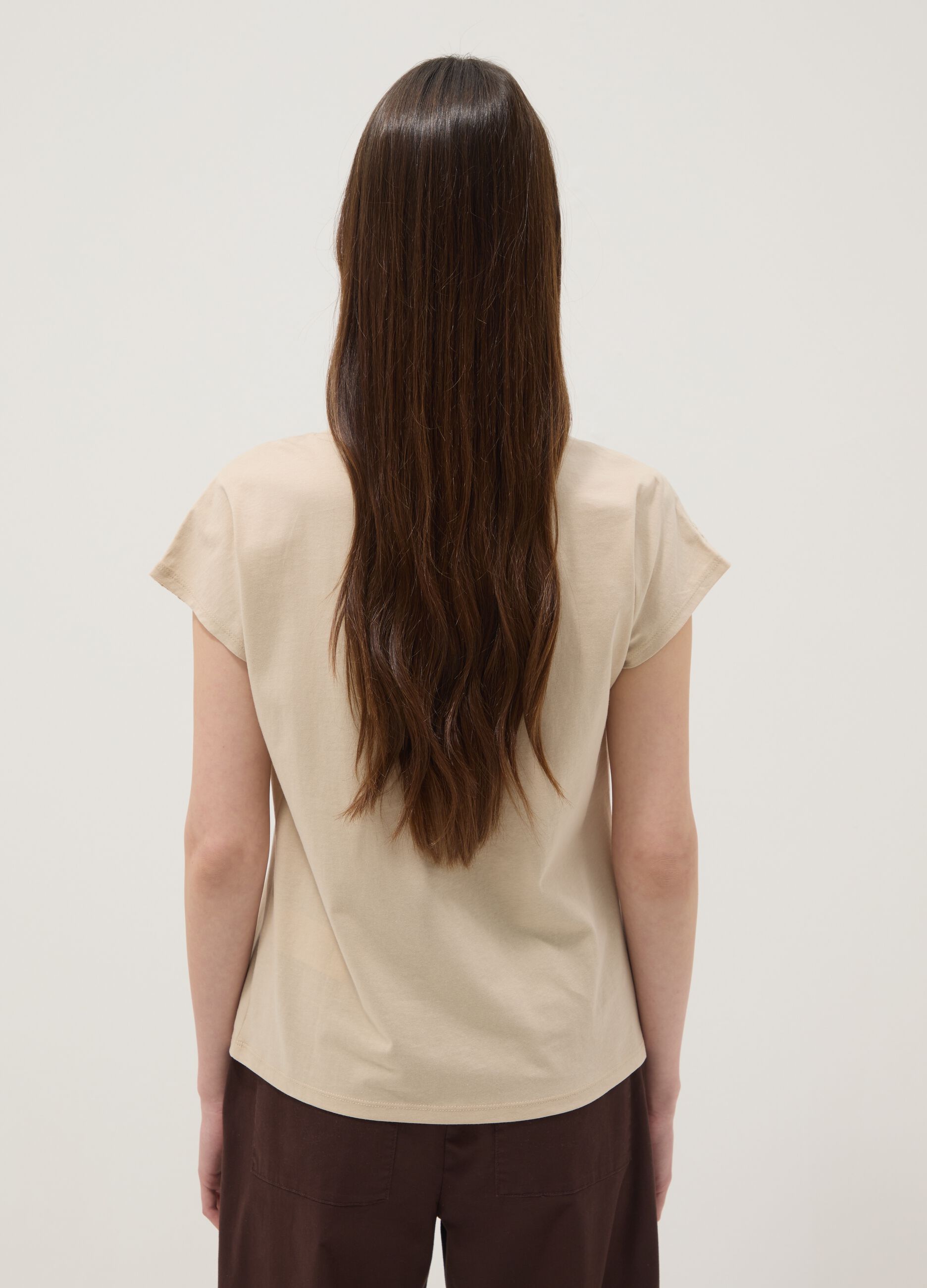 Beige pure cotton T-shirt with broderie anglaise