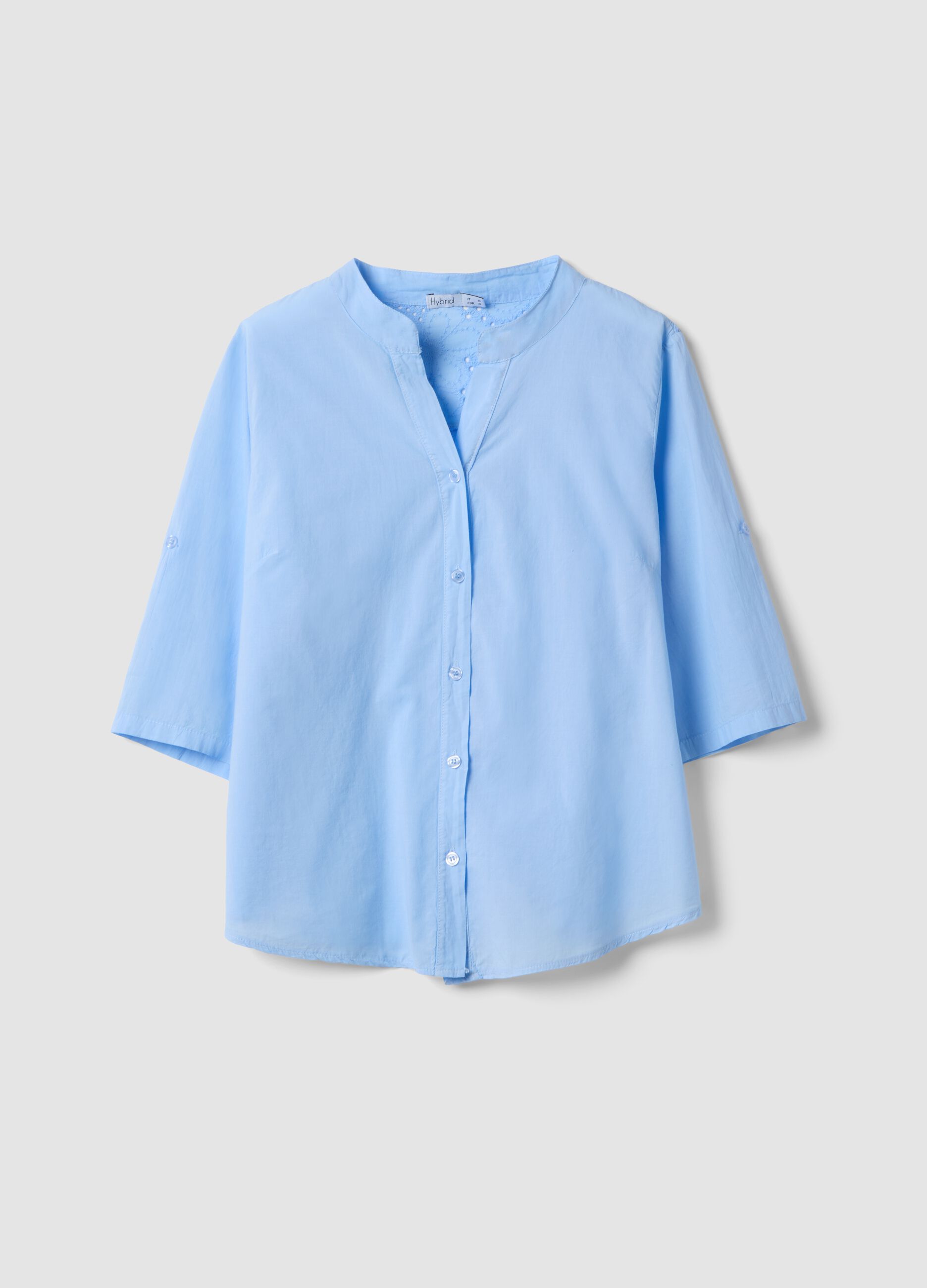 Sky-blue pure cotton shirt with eyelet embroidery, regular fit