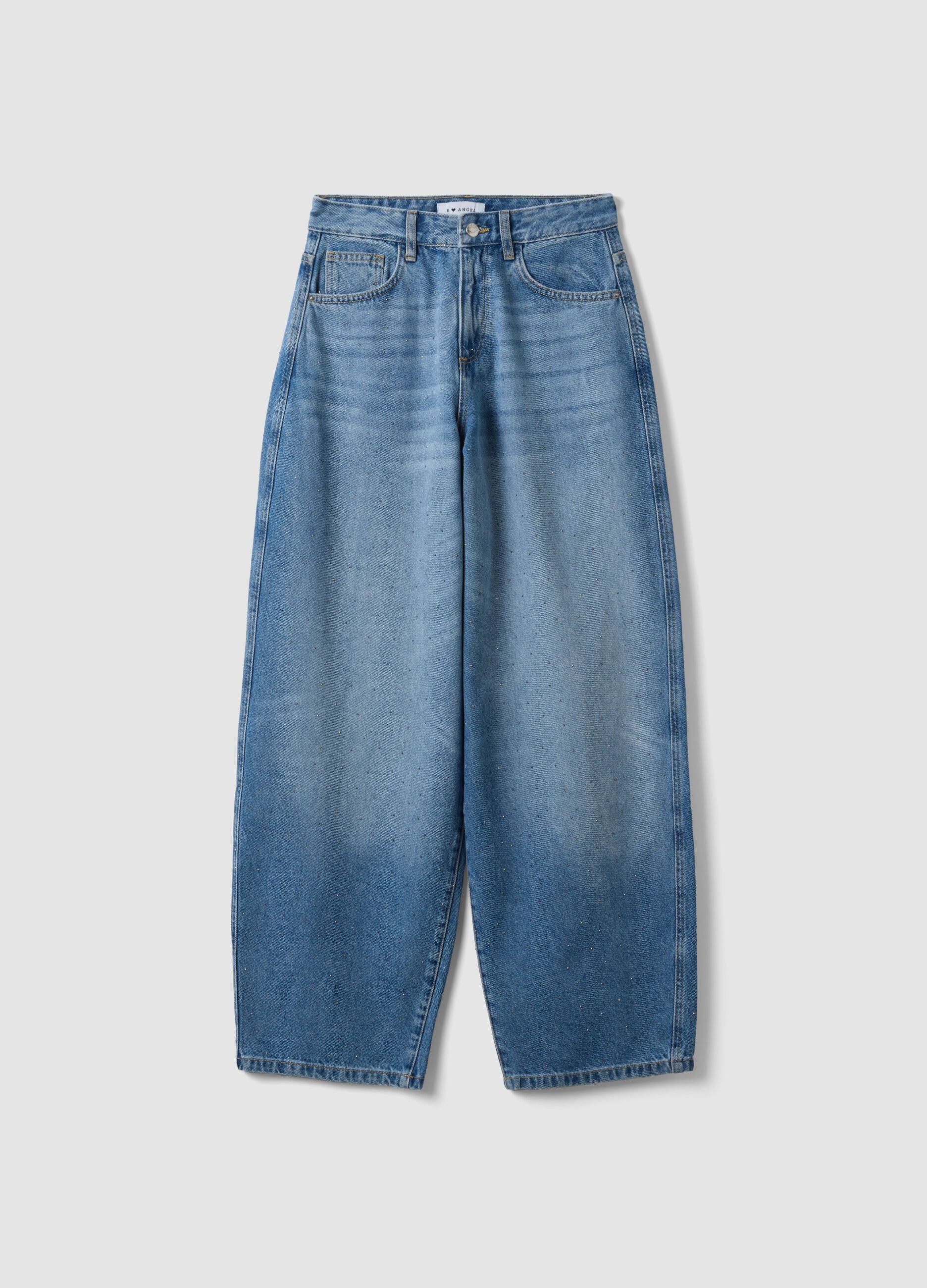 Blue pure-cotton skater-fit jeans with rhinestones