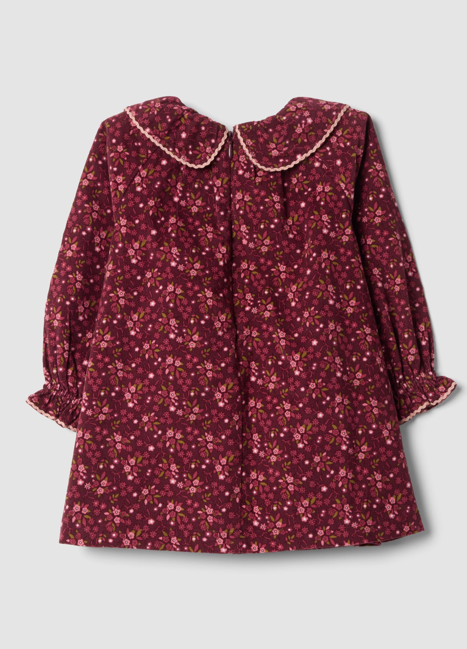 Bordeauxrotes Kleid aus reiner Baumwolle mit Blumenmuster und Rundhalsausschnitt, Regular Fit