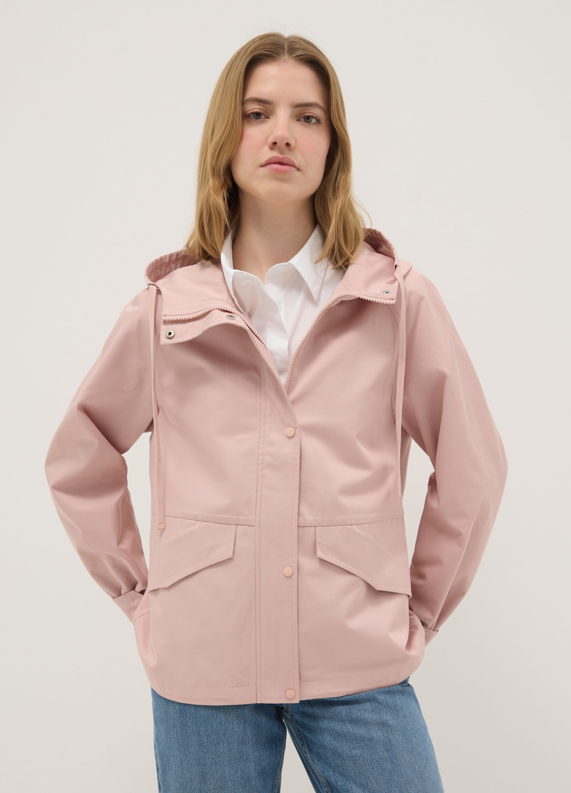 Pink Regular Fit Cotton Blend Jacket with Zip and Hood