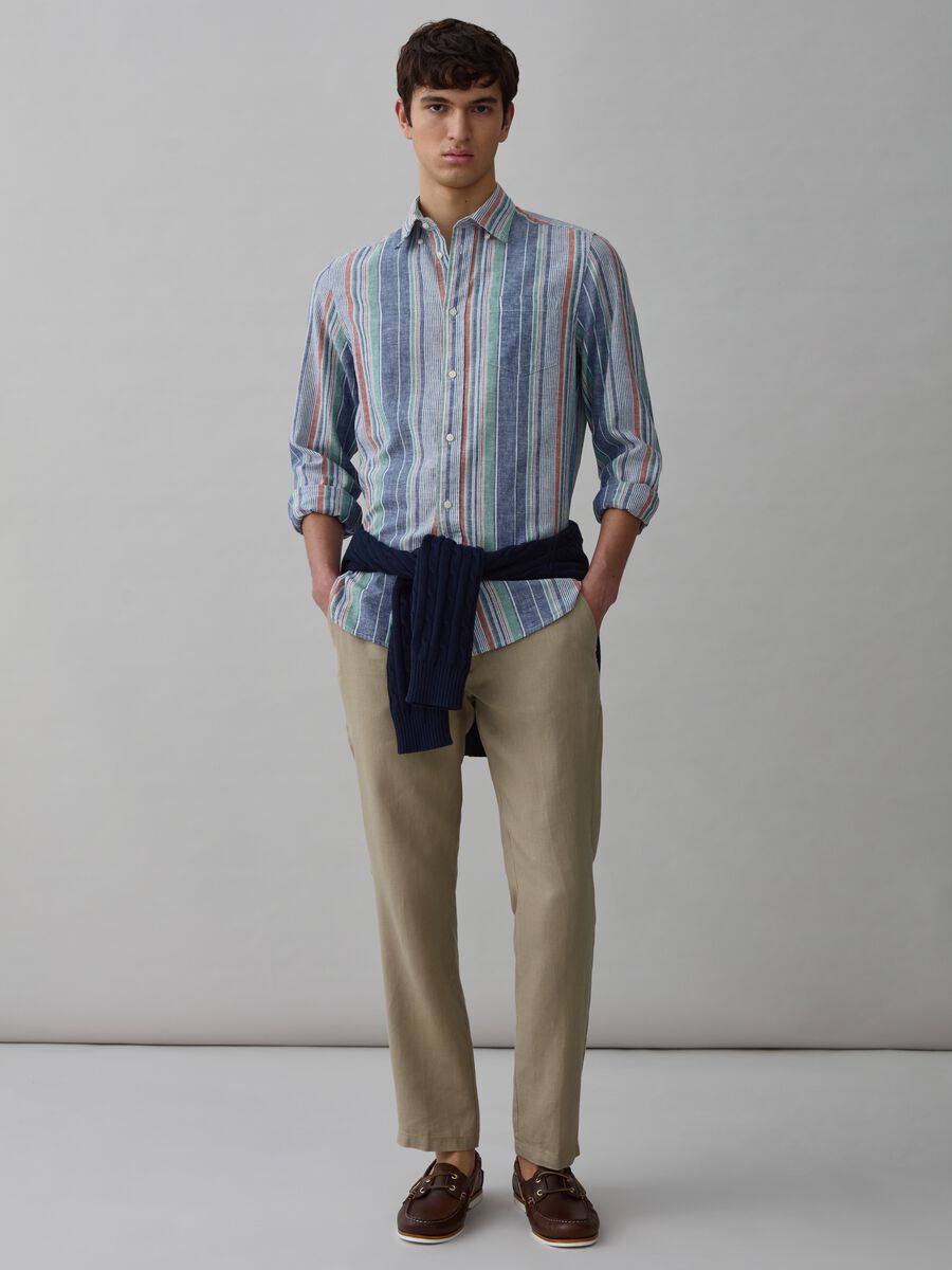 Camisa de lino y algodón de rayas multicolor_0