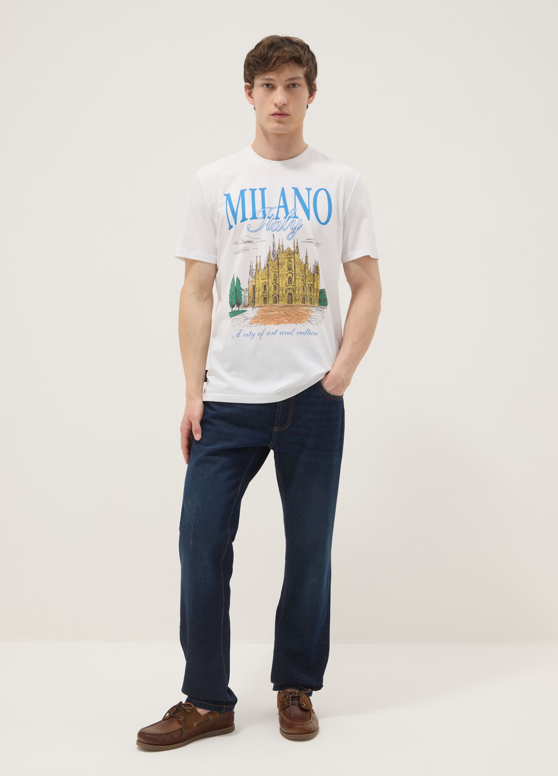 Wei&szlig;es T-Shirt aus reiner Baumwolle mit Print, Regular Fit