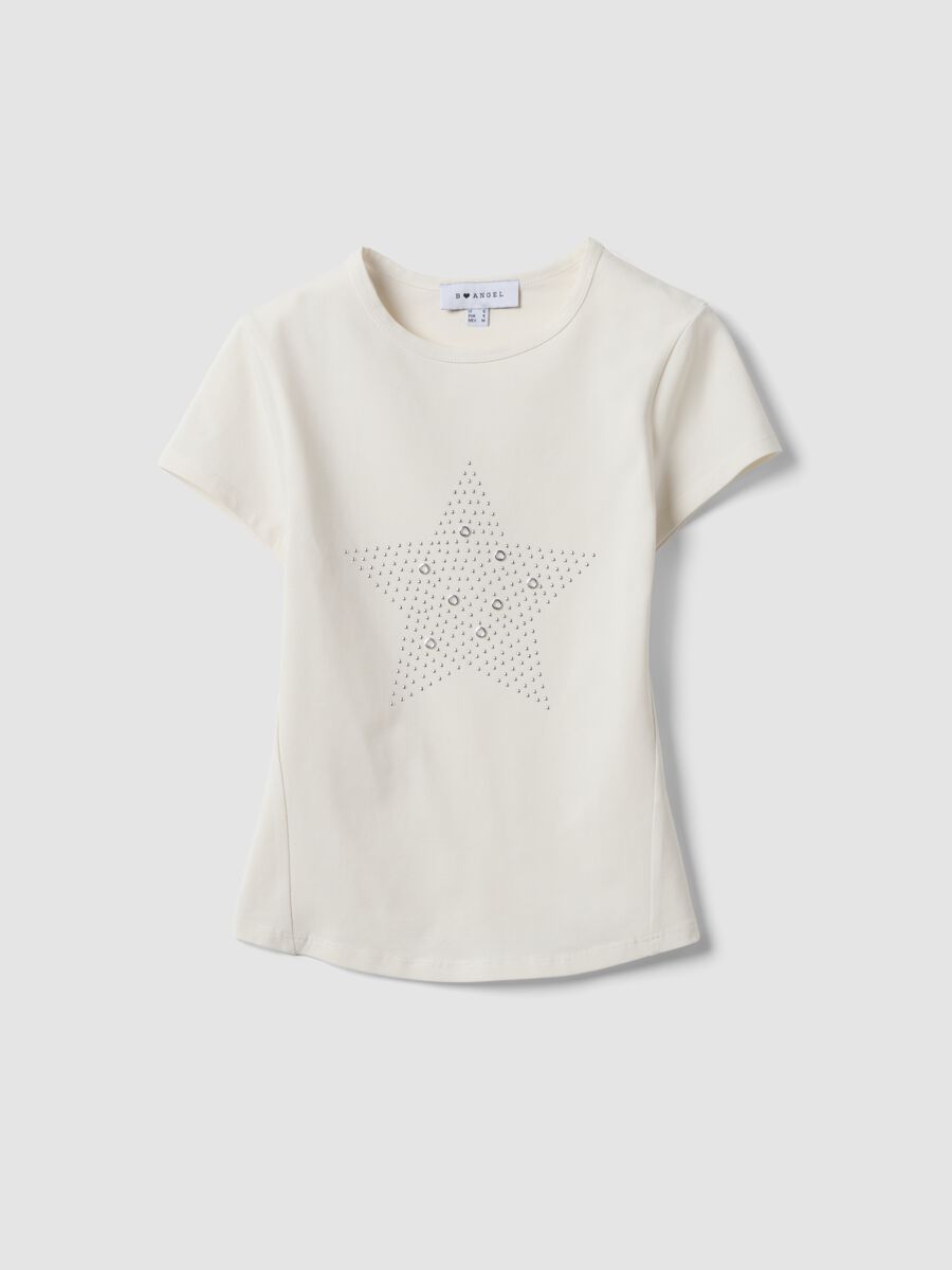Wei&szlig;es, figurbetontes T-Shirt aus Stretch-Baumwolle mit Strassapplikationen_0