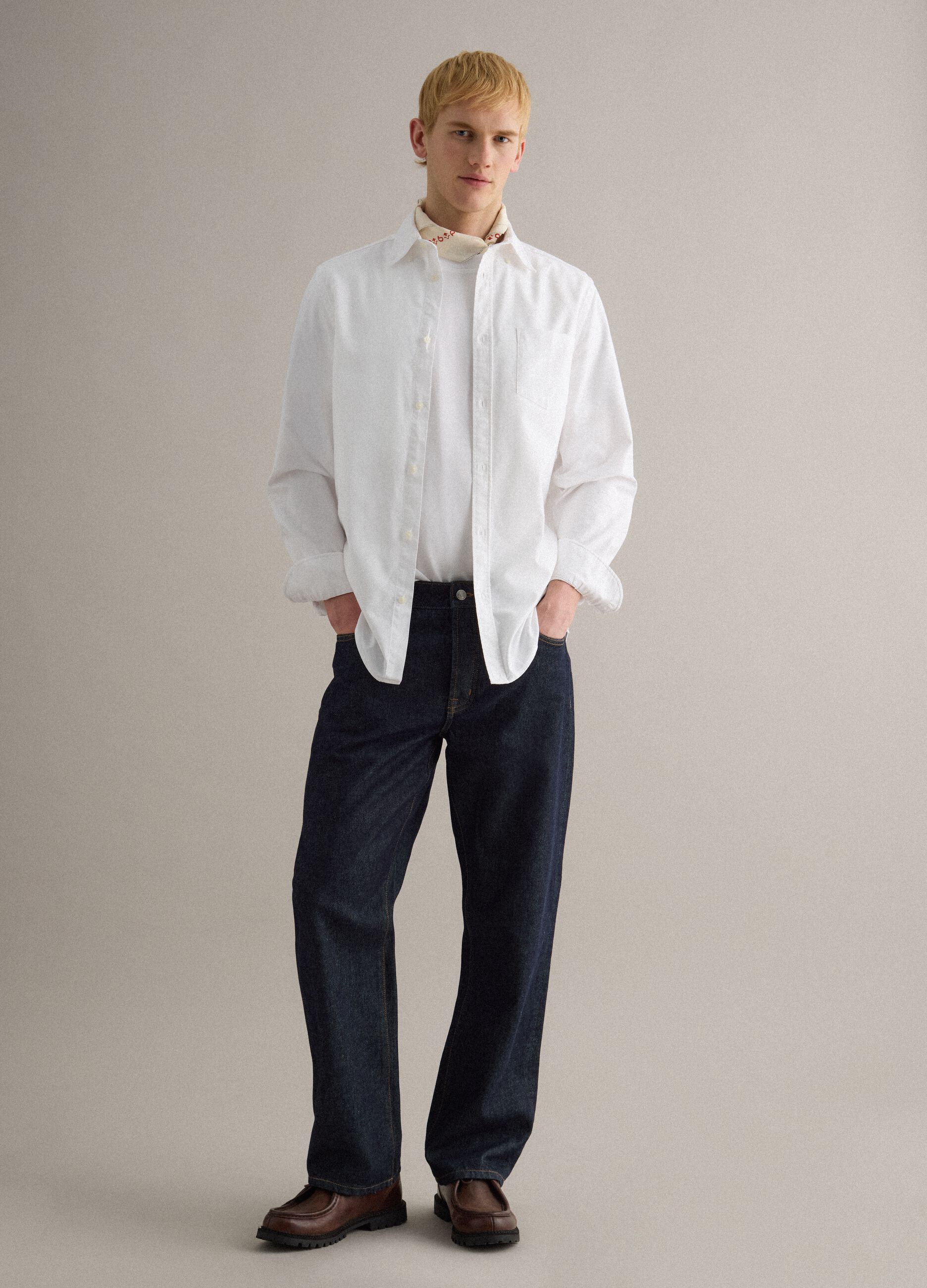 Blue Regular Fit Cotton Denim and Linen Blend Jeans