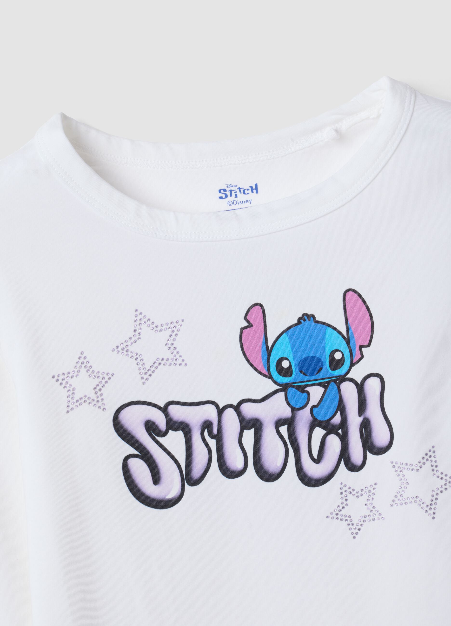 T-shirt bianca in cotone elasticizzato con stampa Lilo & Stitch