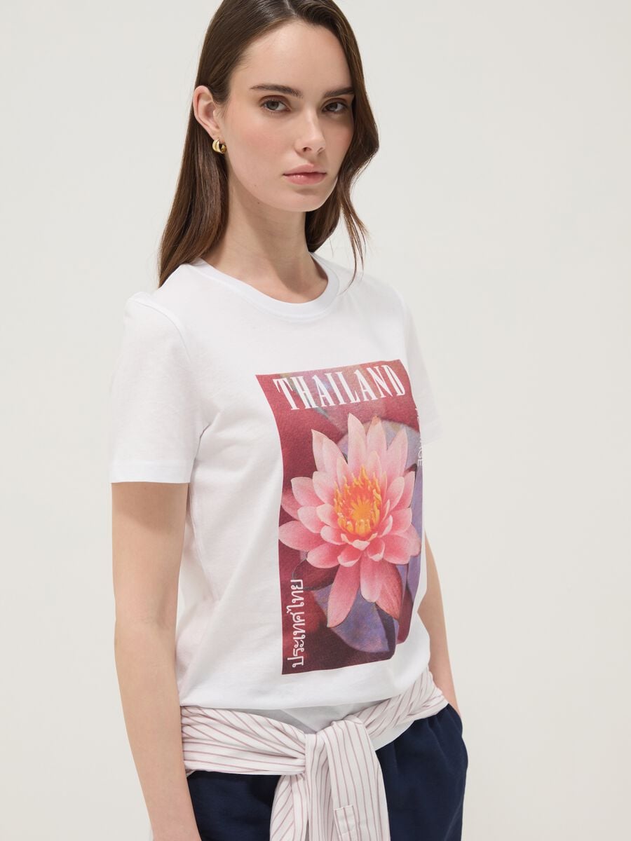 White pure cotton T-shirt with floral print_1