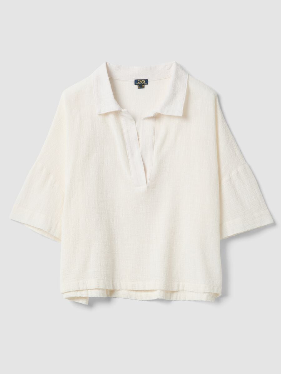 Short white pure cotton kaftan with V-neck_5