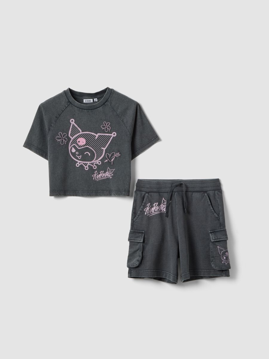 Grey cotton relaxed shirt and shorts set for girls featuring Kuromi_3