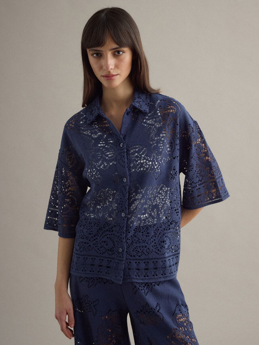 Blue cotton blend polo with regular fit and perforated texture_1