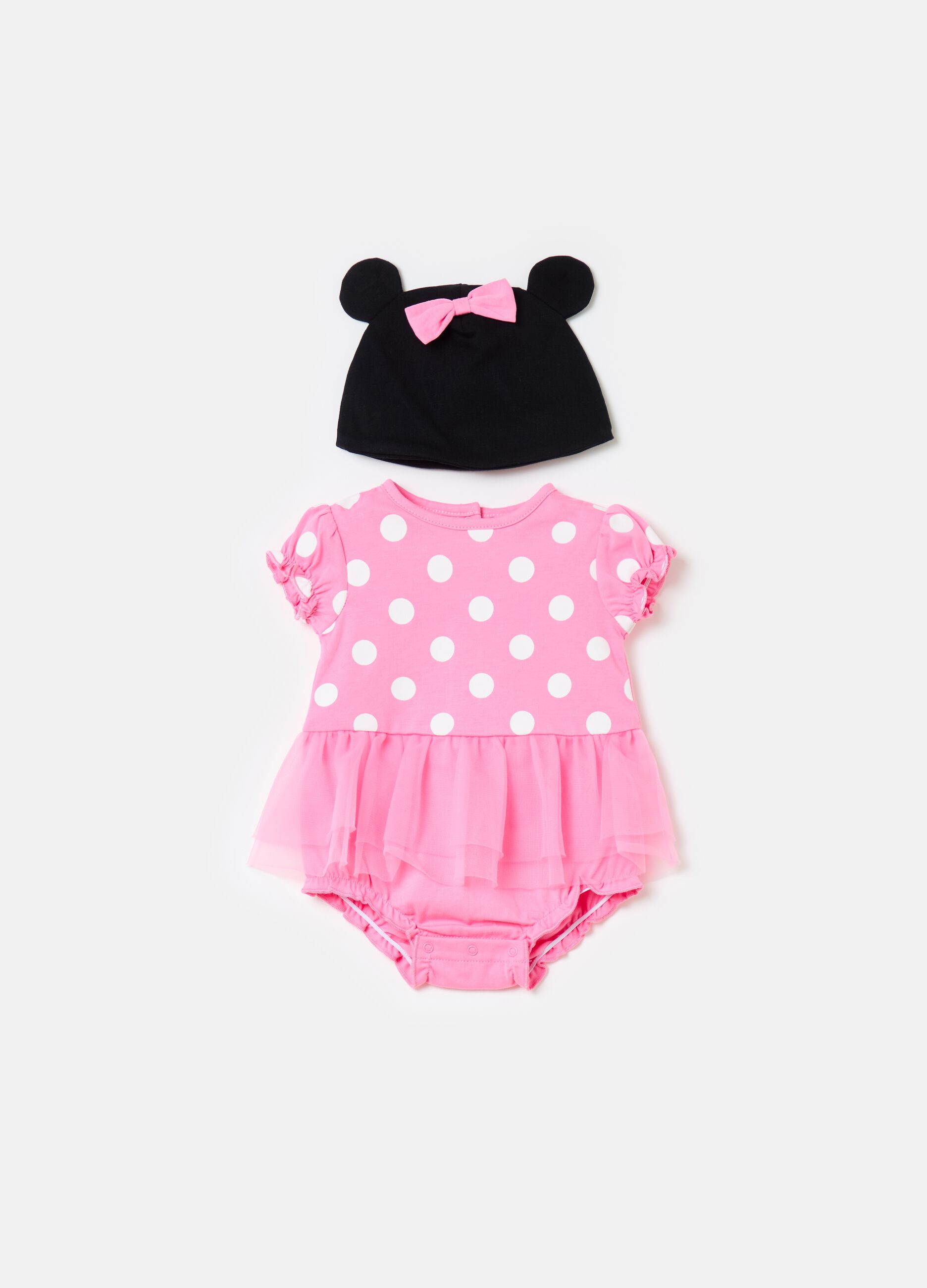 Bodysuit and hat set with Minnie Mouse print